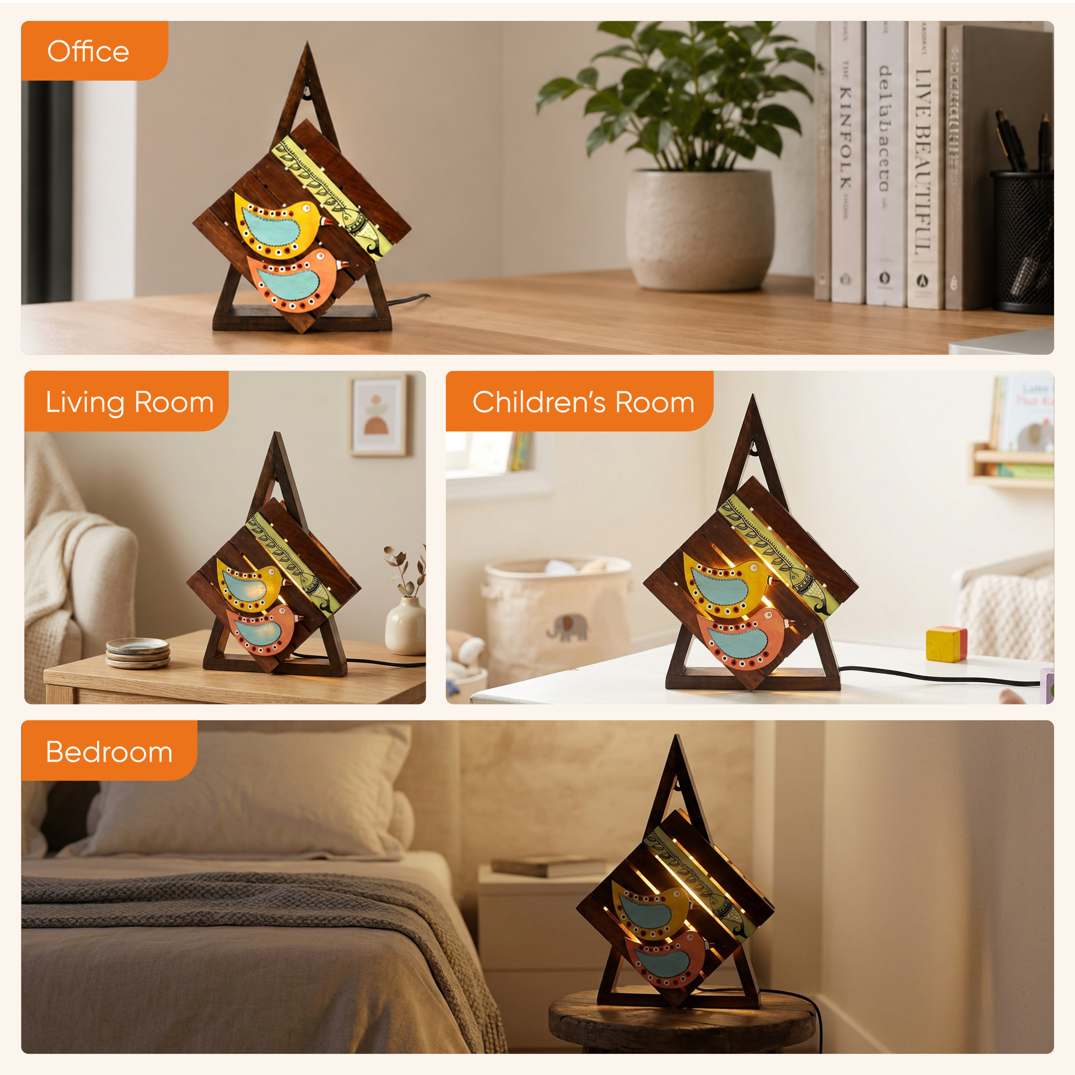 Table Lamp Handcrafted in Wood with Tribal & Bird Motifs (8.4x2.6x12")