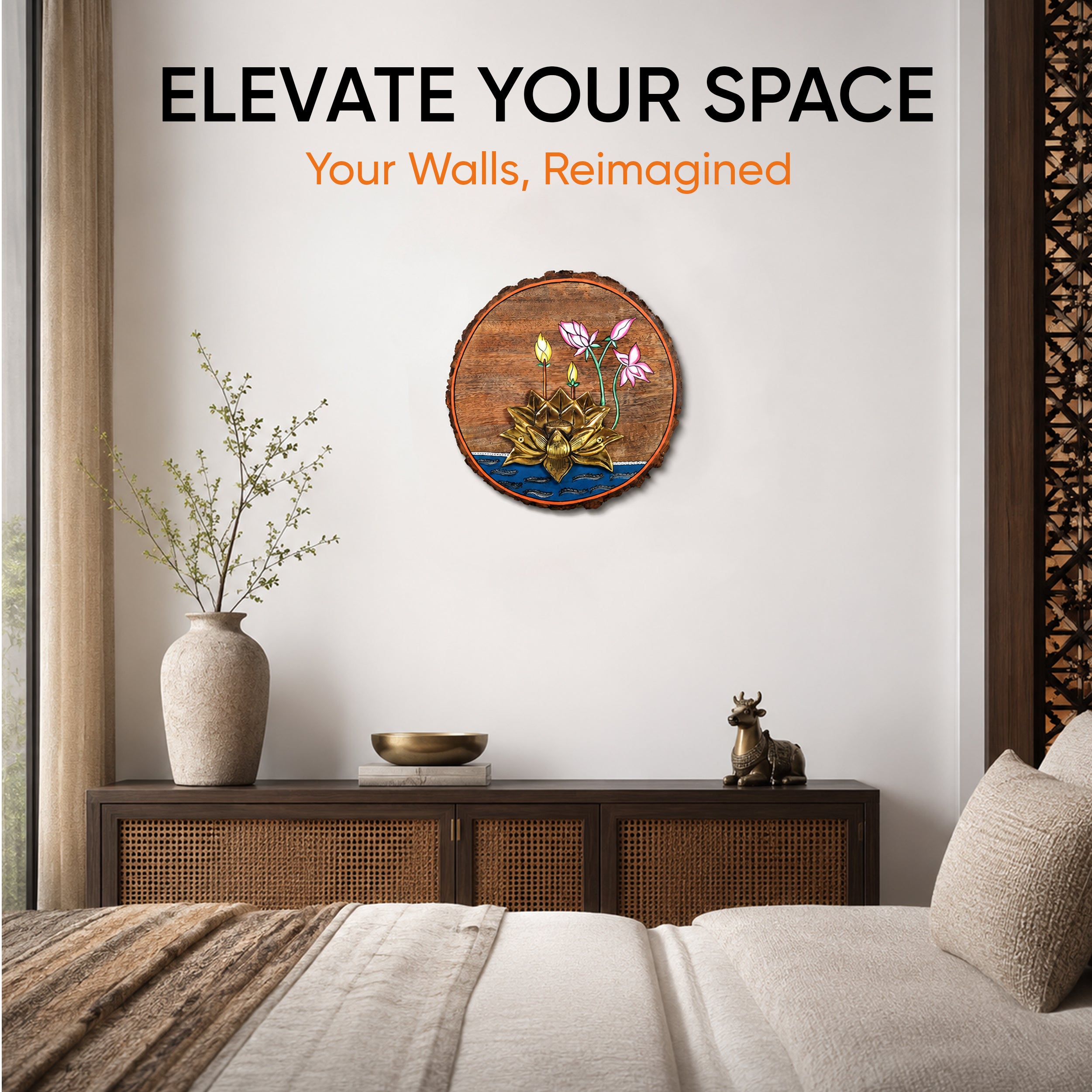 Kamala Lotus Wall Art, Handcrafted Wooden Decor with Lotus Flower and Diyas for Purity, Grace and Spiritual Glow
