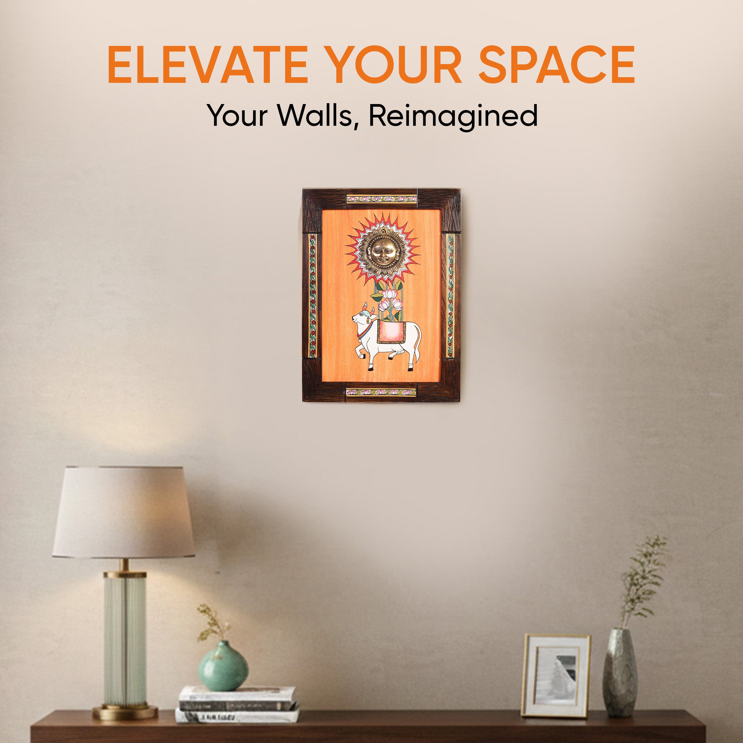 Nandi Wall Accent with beautiful painting of Nandi and Shiva in Brass in Backdrop