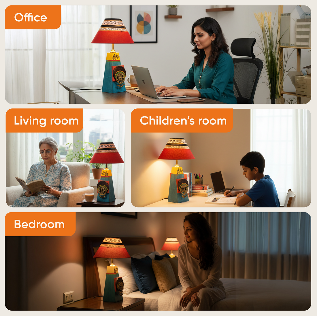 Turquoise Blue Lamp Embellished with Dhokra Brass Tiles & Red Shade