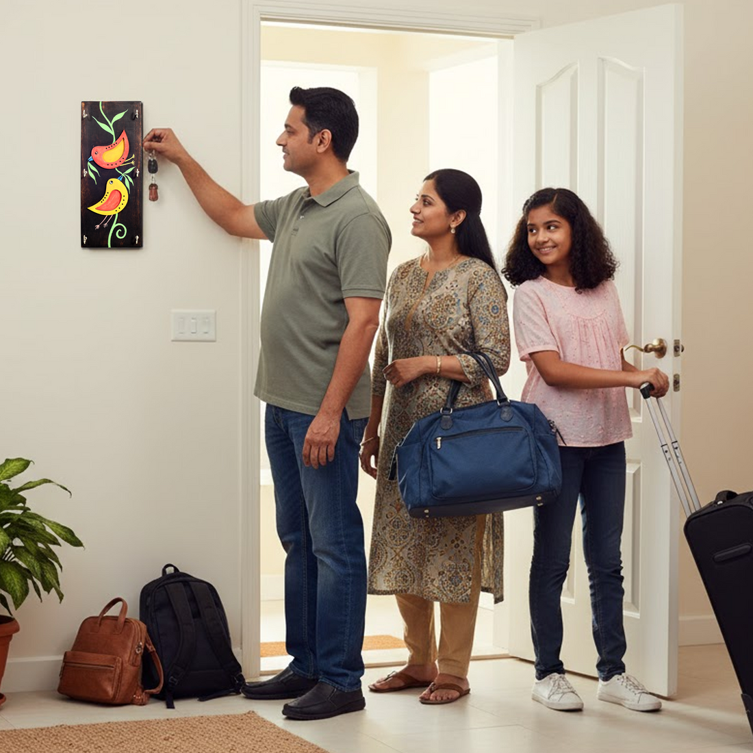 Ini Mini Hand Painted Wooden Key Holder, Vertical Wall Mounted Key Hanger with Twin Bird Design for Homedecor