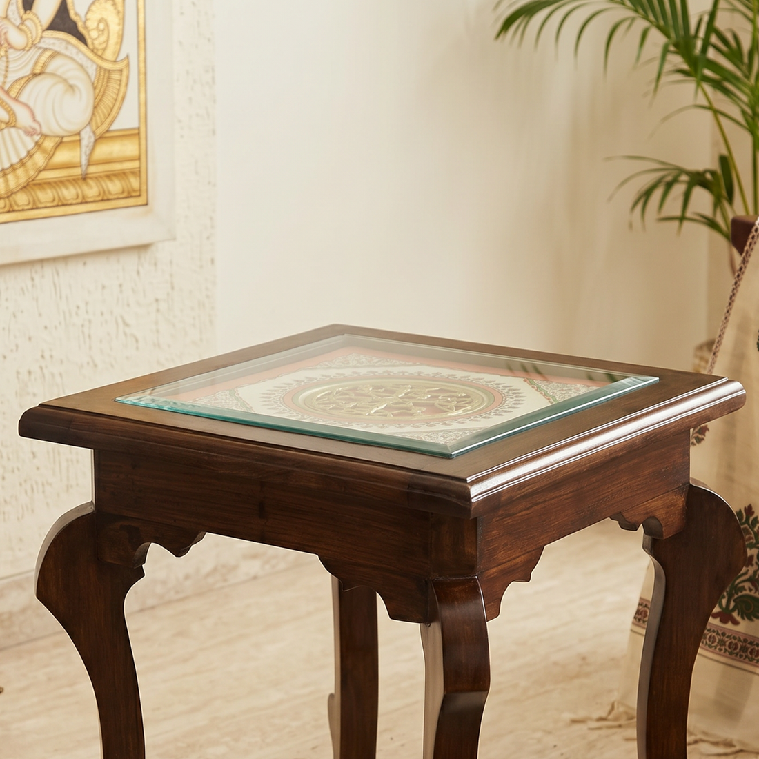 Munich-I Bedside Table with Oriental Legs in Teakwood with Walnut Matte Finish (16x16x16)