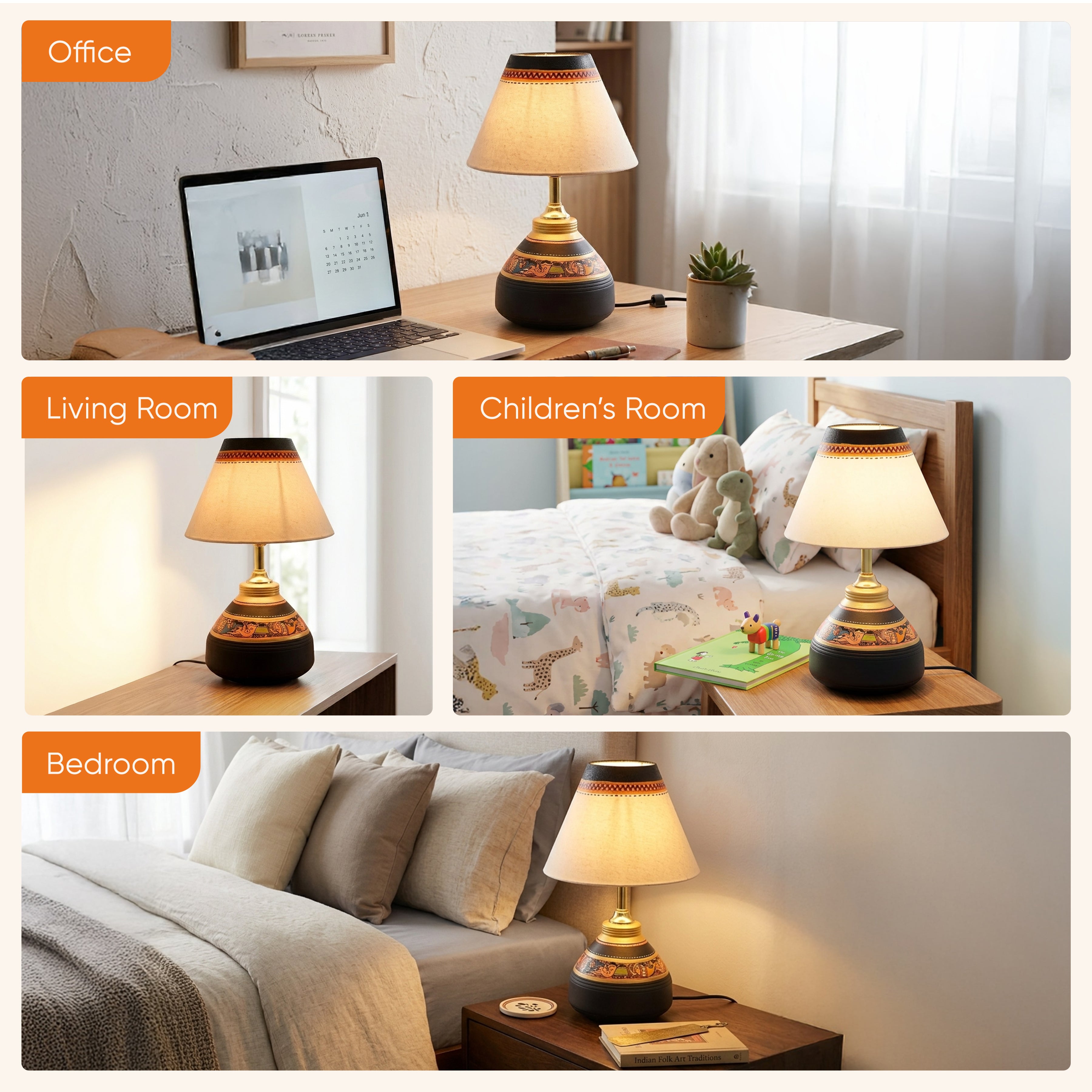 Table Lamp Black Earthen Handcrafted with White Shade (9.5x6")