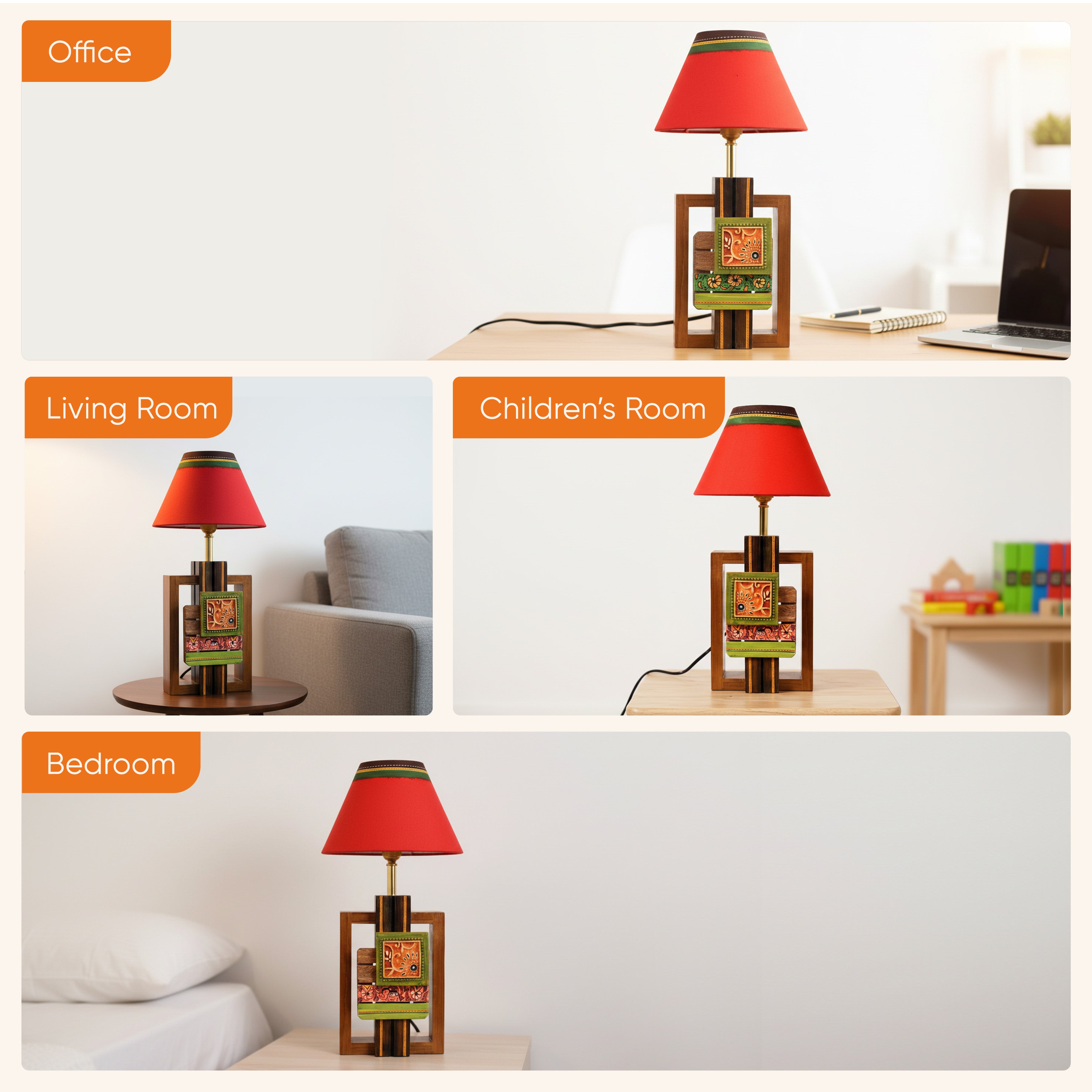 Table Lamp Handcrafted in Wood with Tribal Motifs & White Shade (6x4x12.5")