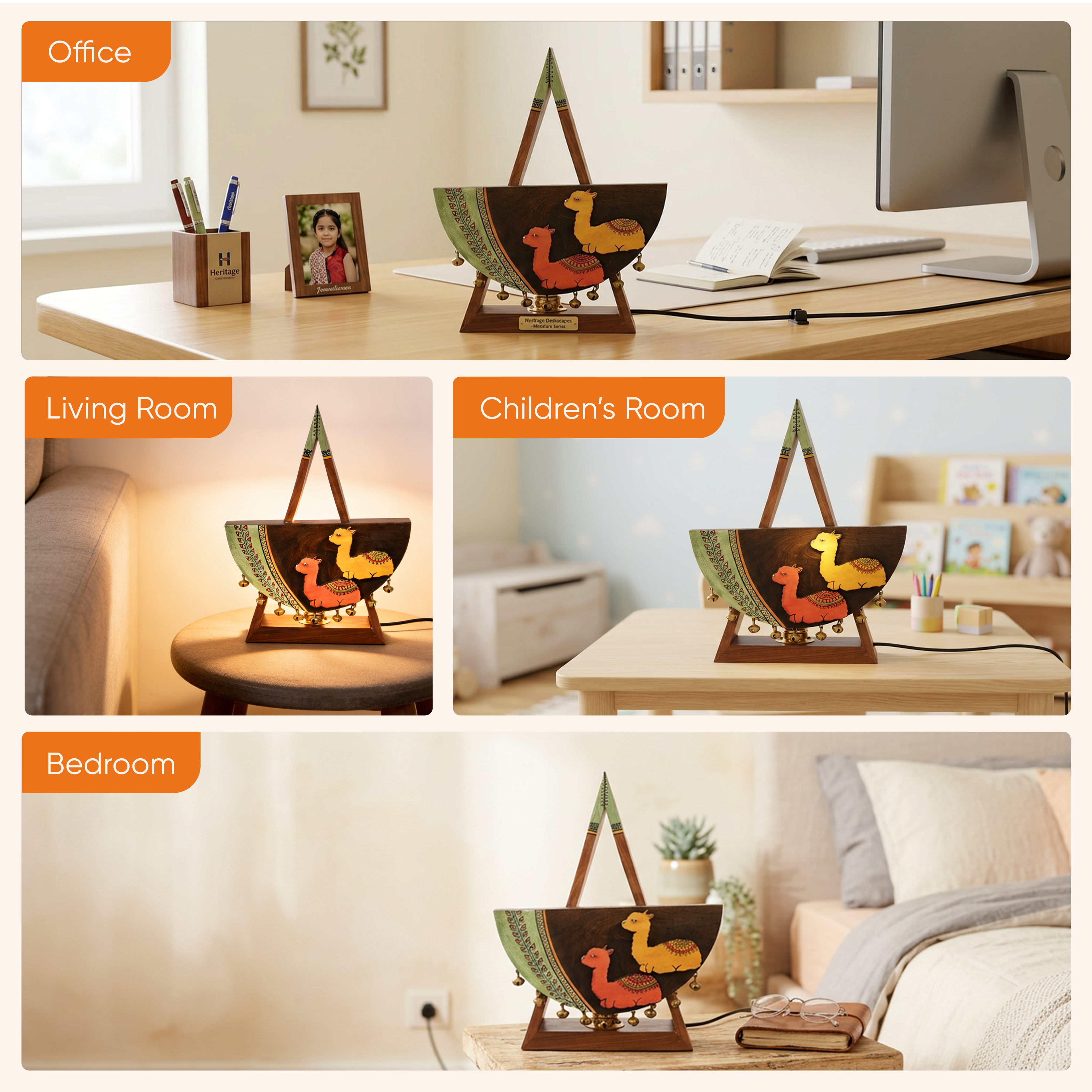Table Lamp Handcrafted in Wood with Alpaca Motif (9.4x3.4x12")