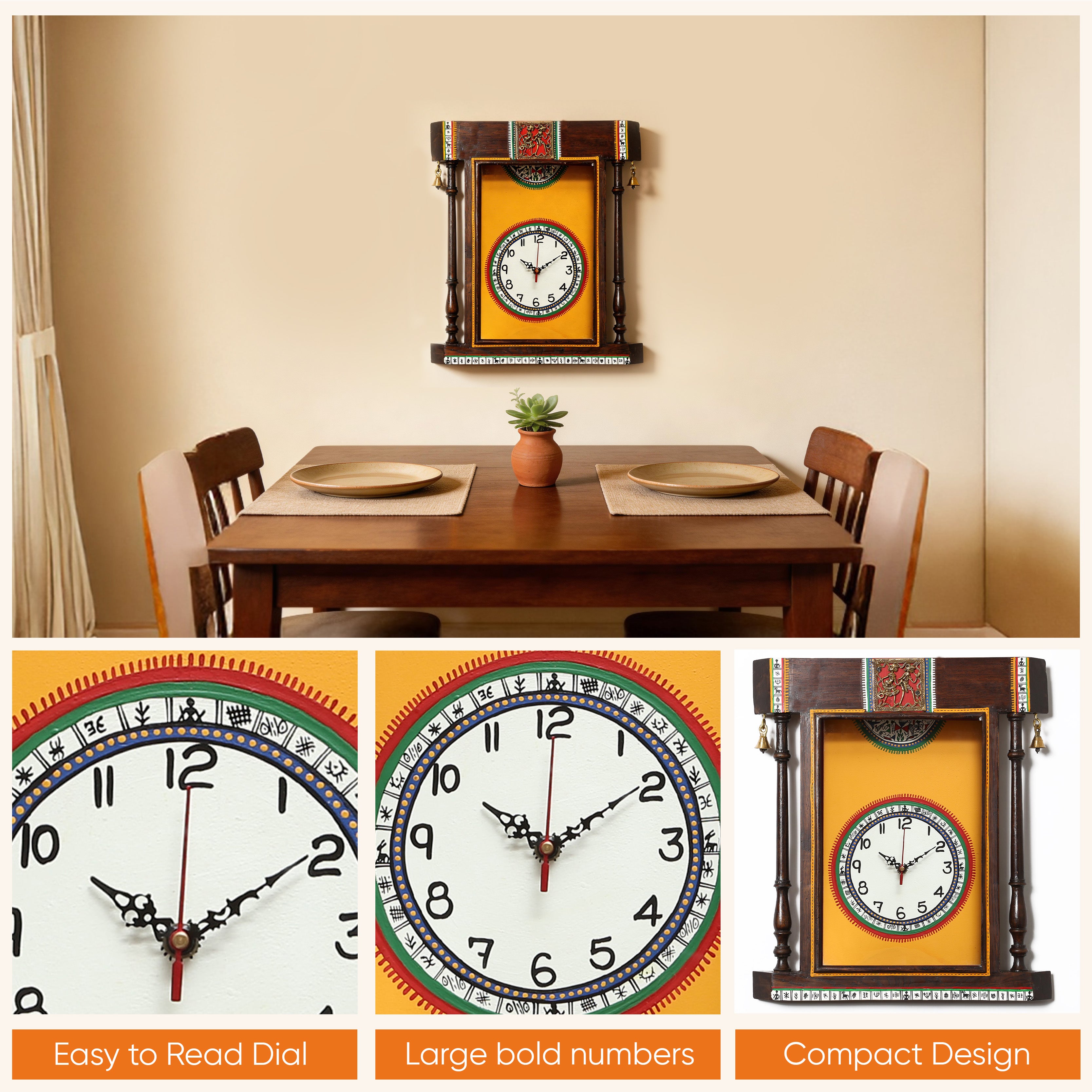 Wall Clock Handcrafted Warli Art Yellow Dial with Glass Frame (14x16)
