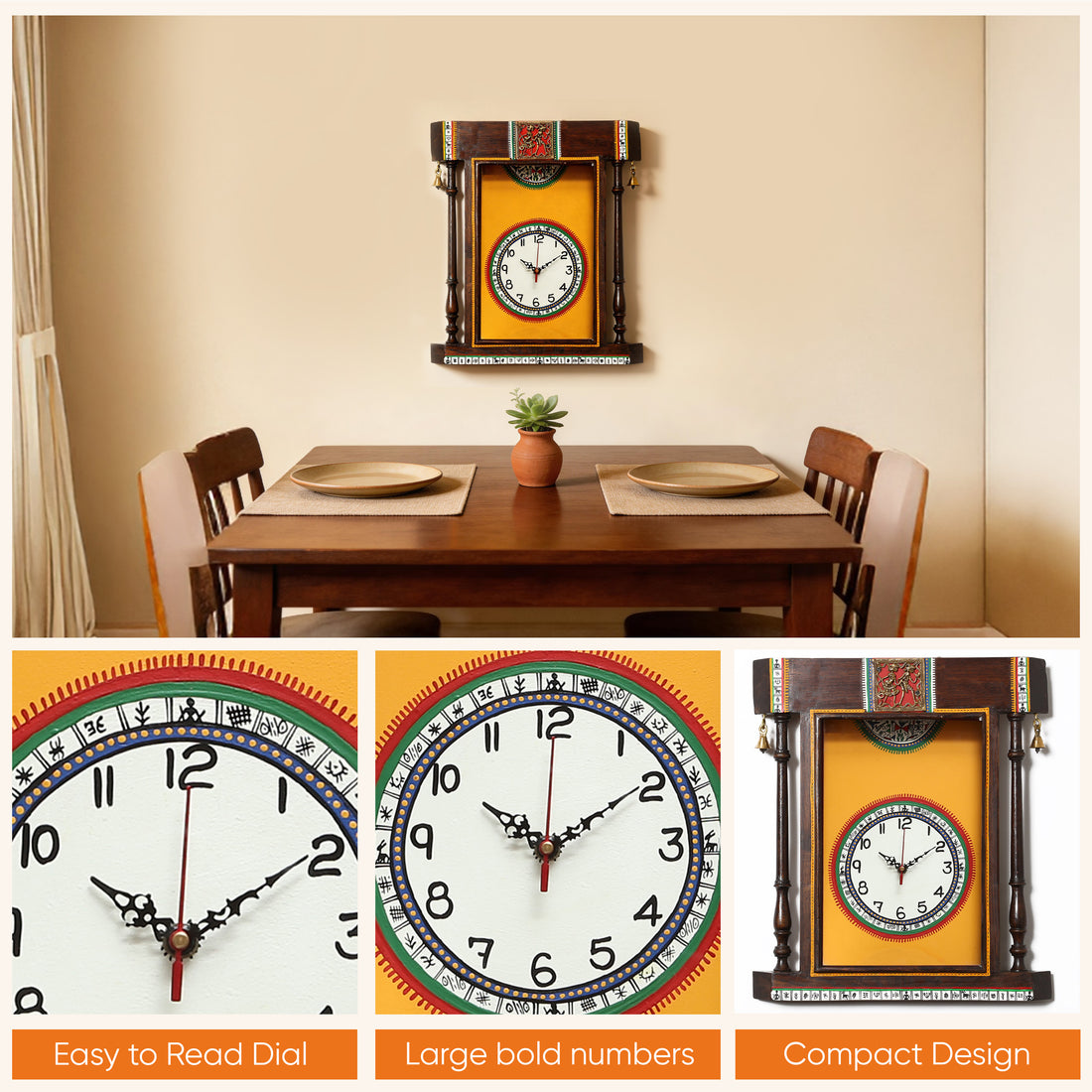 Wall Clock Handcrafted Warli Art Yellow Dial with Glass Frame (14x16)
