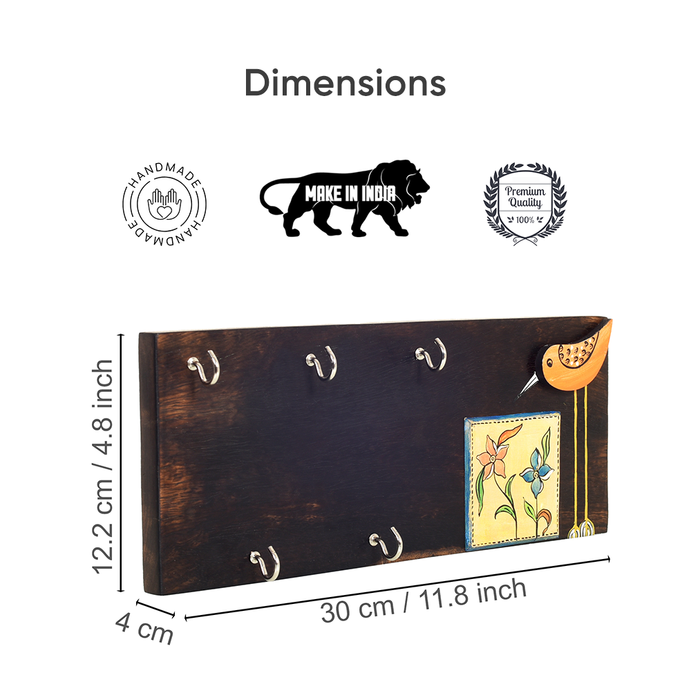 Rio Hand Painted Wooden Key Holder, Horizontal Wall Mounted Key Hanger with Bird and Floral Art for Entryway and Homedecor