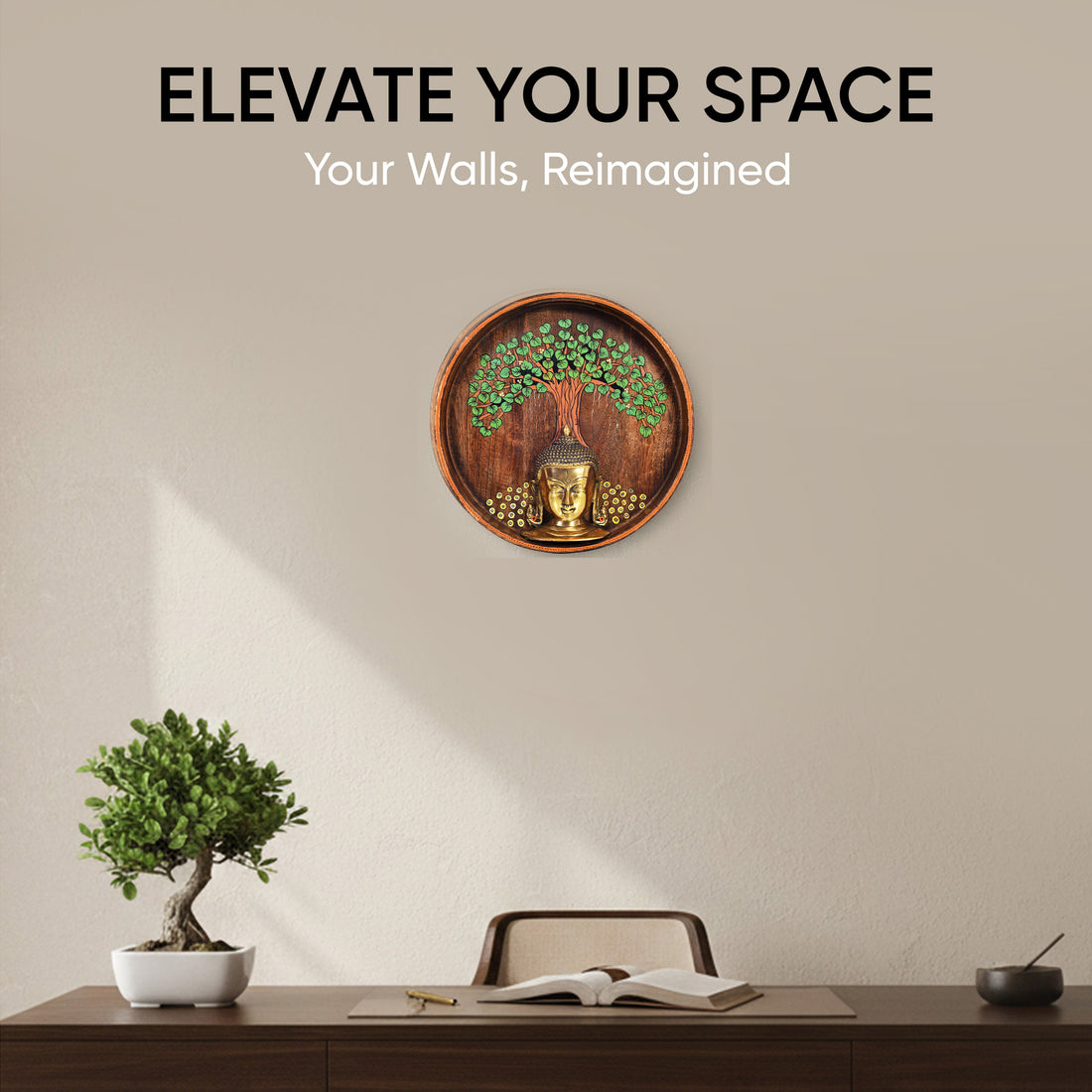 Nirvana Buddha Wall Art, Handcrafted Wooden Decor Featuring Bodhi Tree and Buddha Head for Peace and Enlightenment