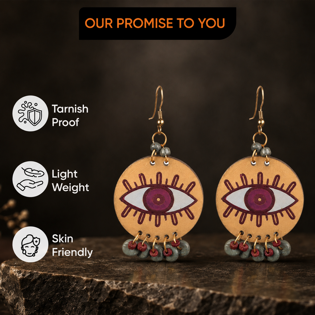 Evil Eye-I' Handcrafted Tribal Wooden Earrings