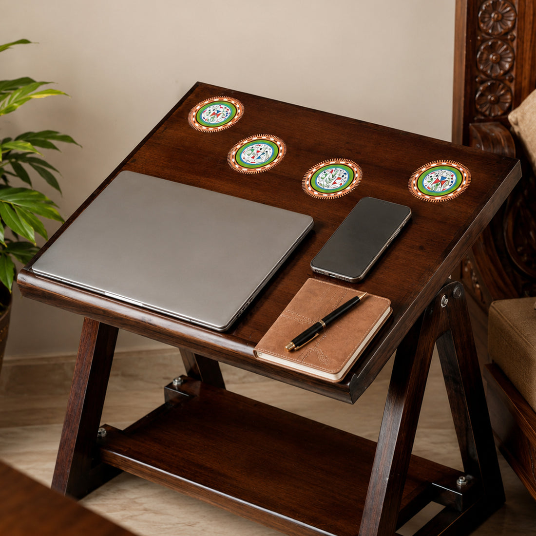 Marigold End Table for Laptop in Teakwood with Walnut Matte Finish (18x14x15)
