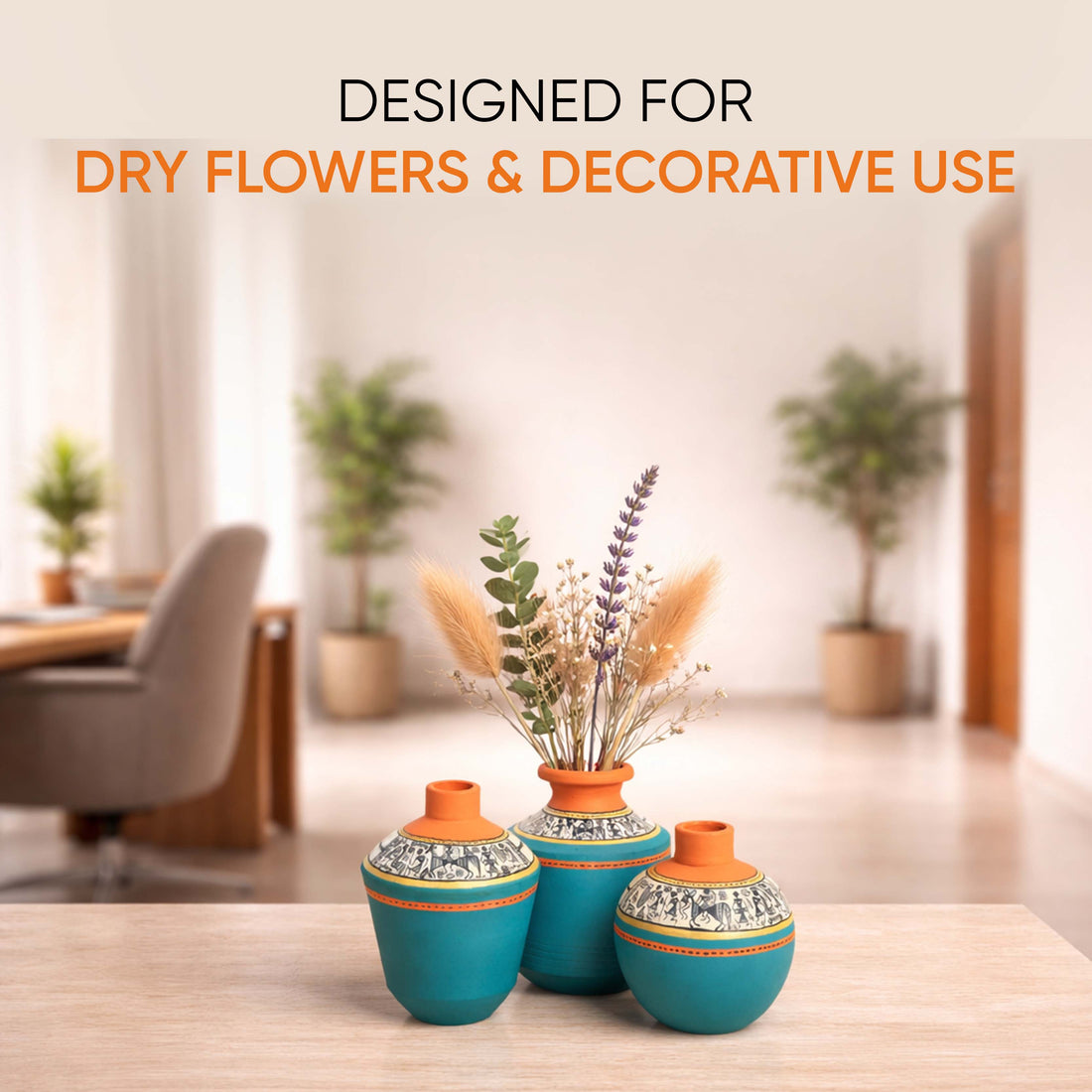 Blue Oasis Terracotta Vase Set of 3, Handcrafted Tribal Artdecor with Earthy Accents