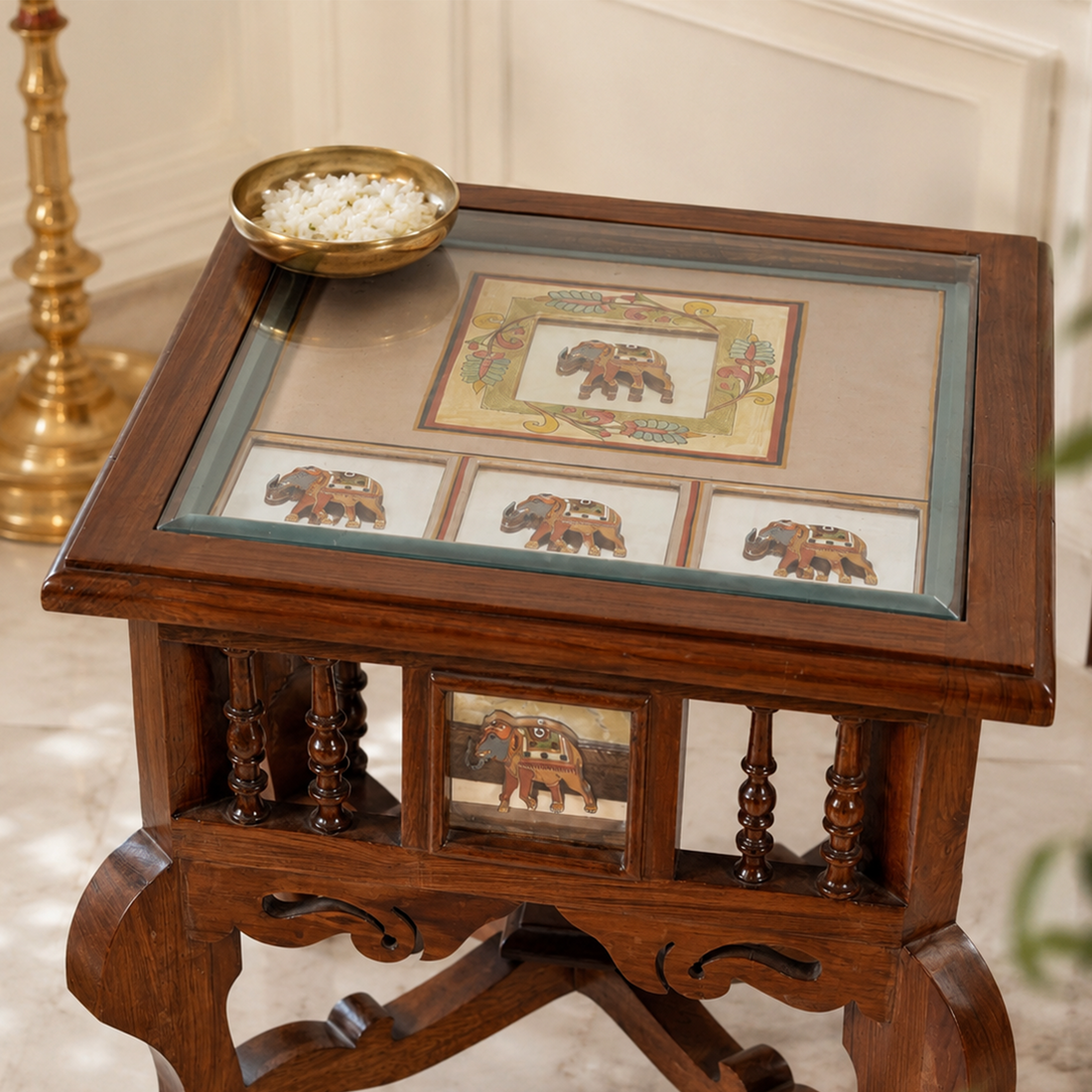 Mahi-I Bedside Table with Oriental Legs in Teakwood with Walnut Matte Finish