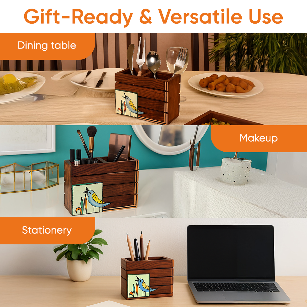 Kyoku Hand Painted Wooden Cutlery Holder, Compact Organizer for Dining Table and Kitchen