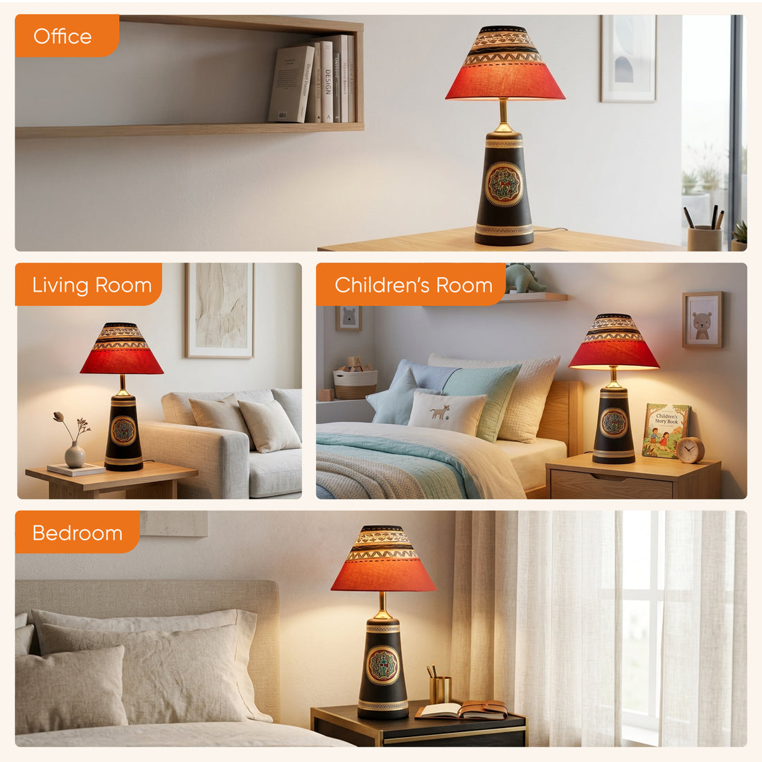 Soma Table Lamp- Hand Painted with warli Art in Black with Red Hand Painted Fabric Shade