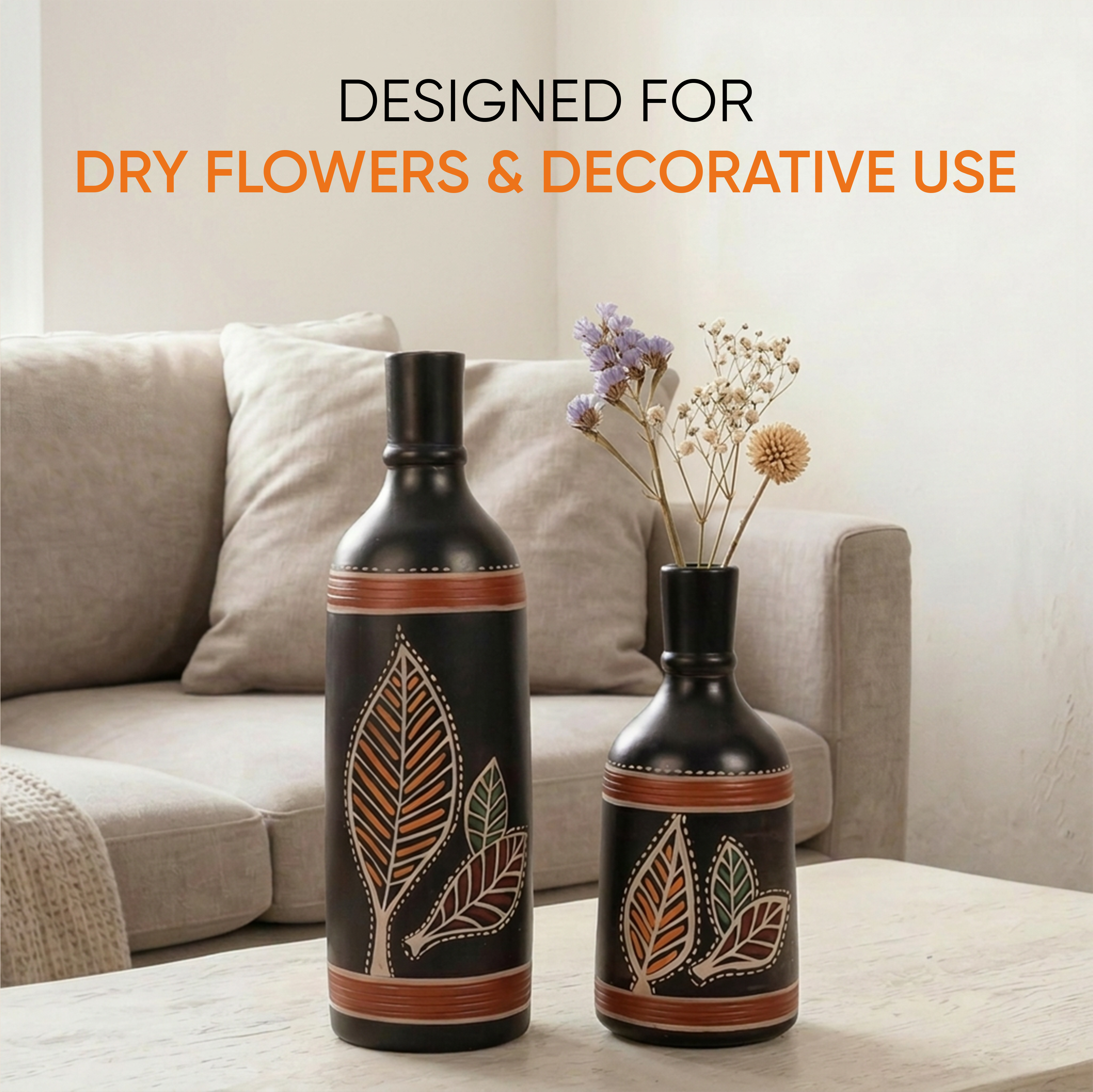 Vase Earthen Black Bottle Madhubani (Set of 2) (9.4x3/6x3)