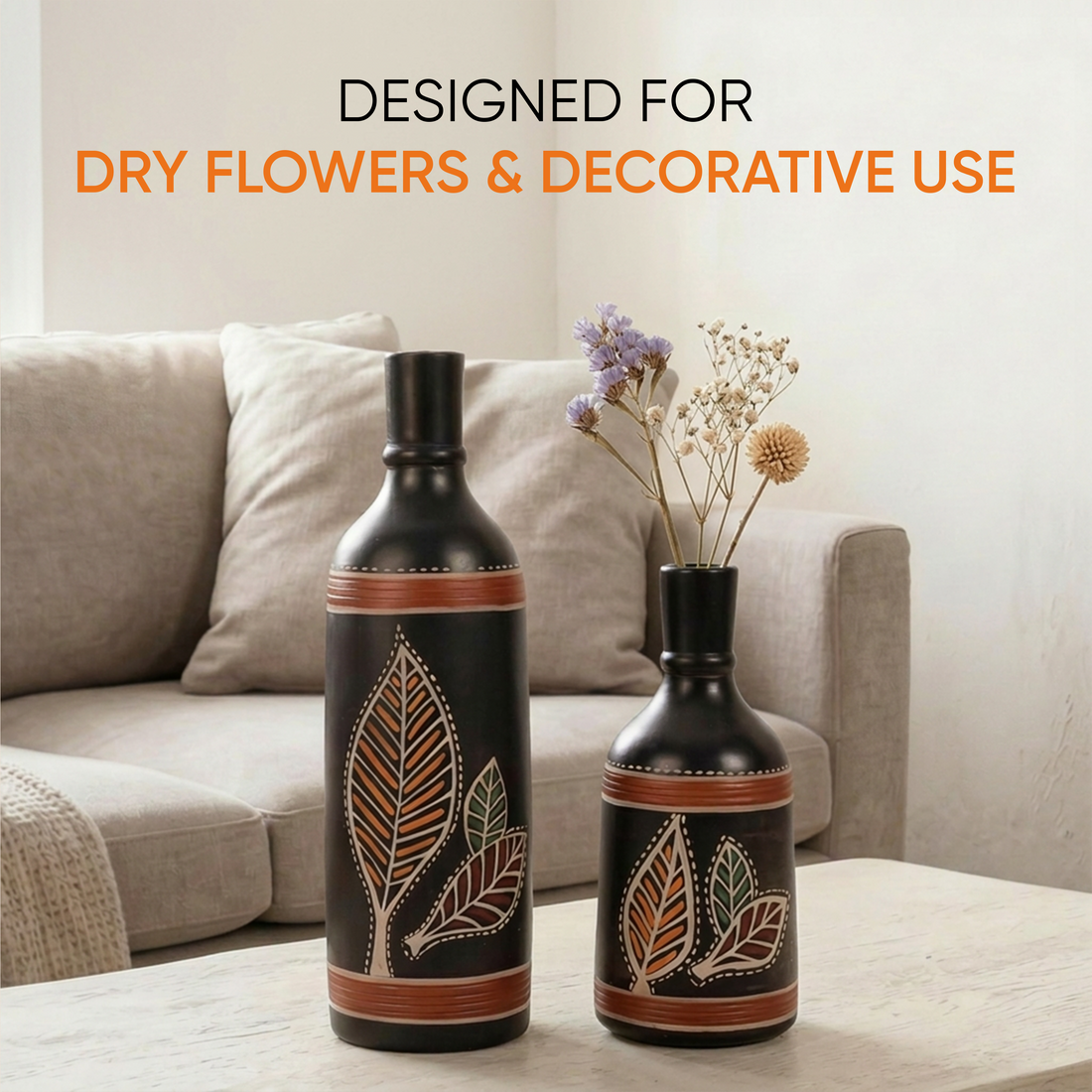 Vase Earthen Black Bottle Madhubani (Set of 2) (9.4x3/6x3)
