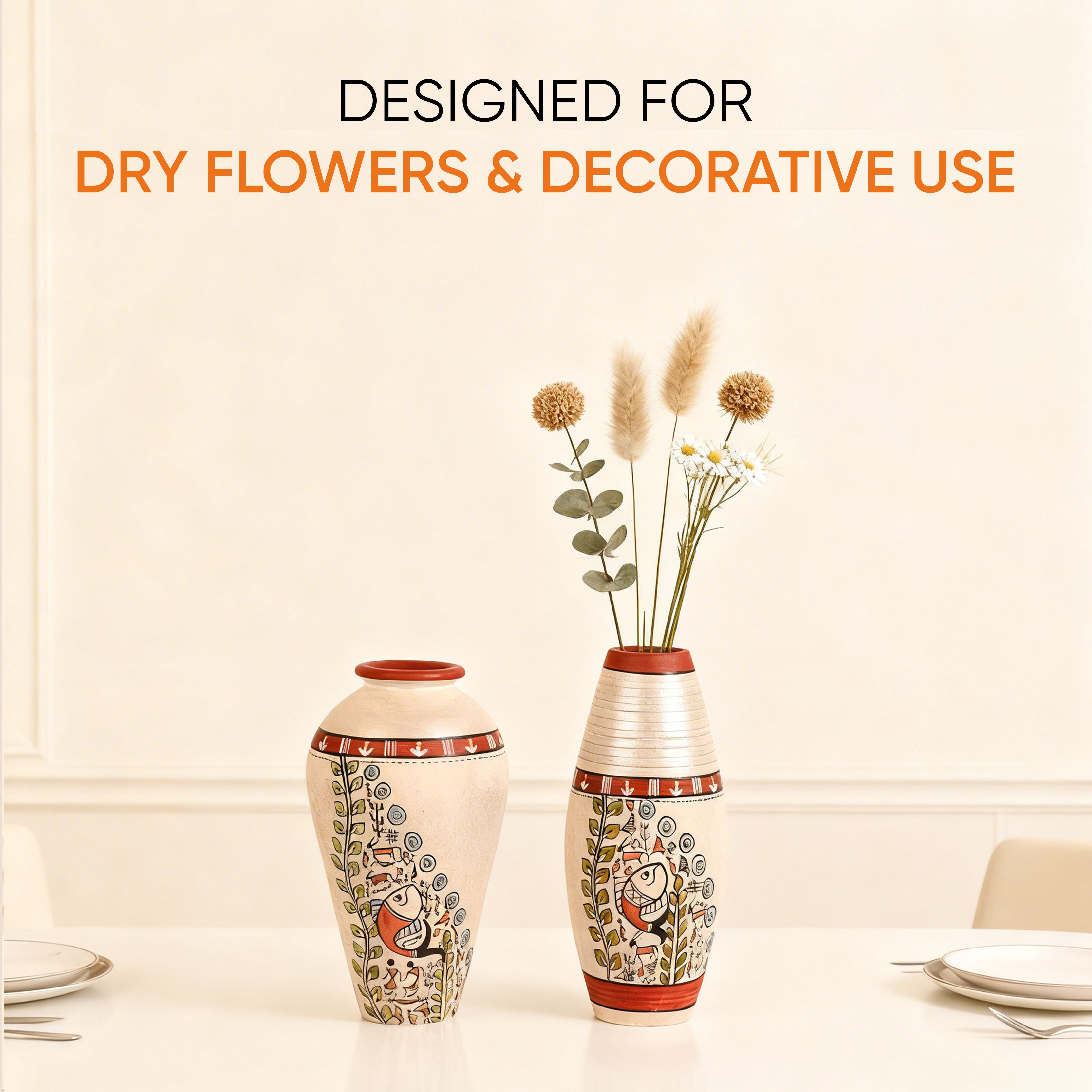 Vase Earthen White Madhubani (Set of 2) (6x3.4/6.4x3)