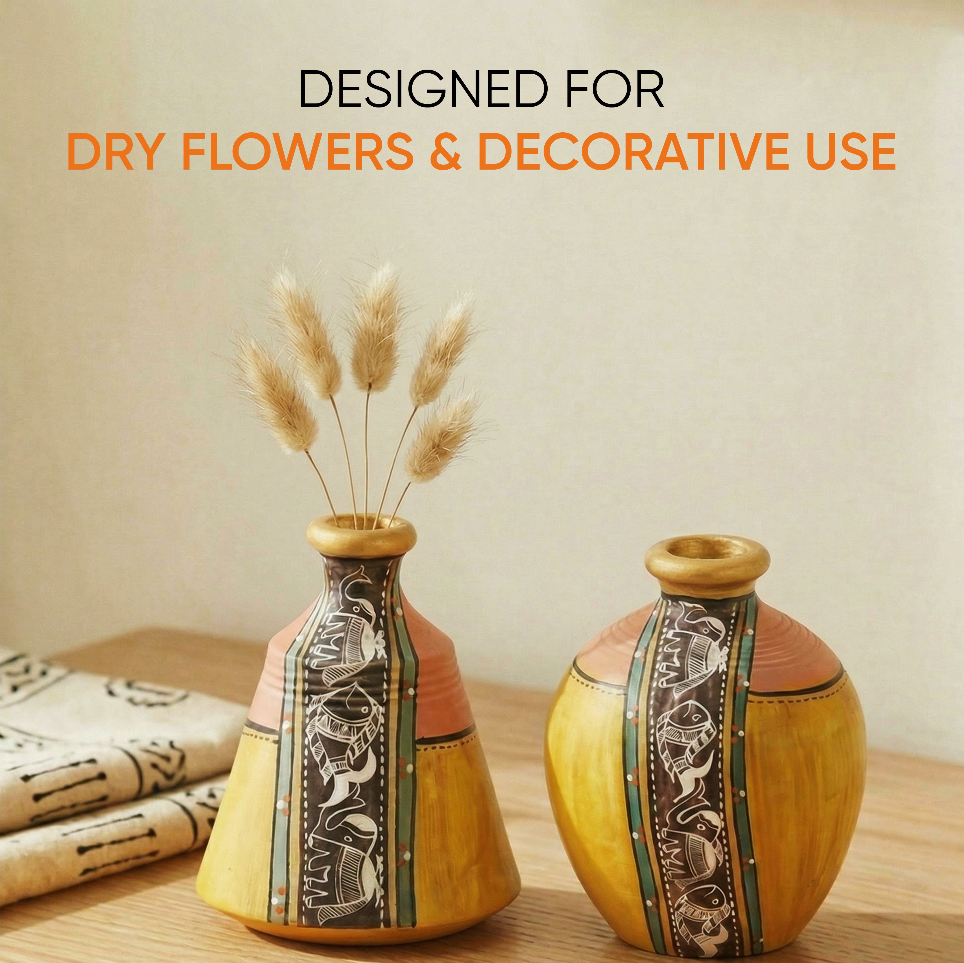 Vase Earthen Yellow Madhubani (Set of 2) (4x3.5/5x3.6)