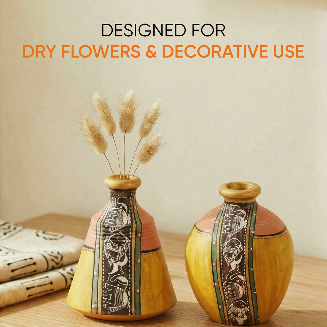 Vase Earthen Yellow Madhubani (Set of 2) (4x3.5/5x3.6)