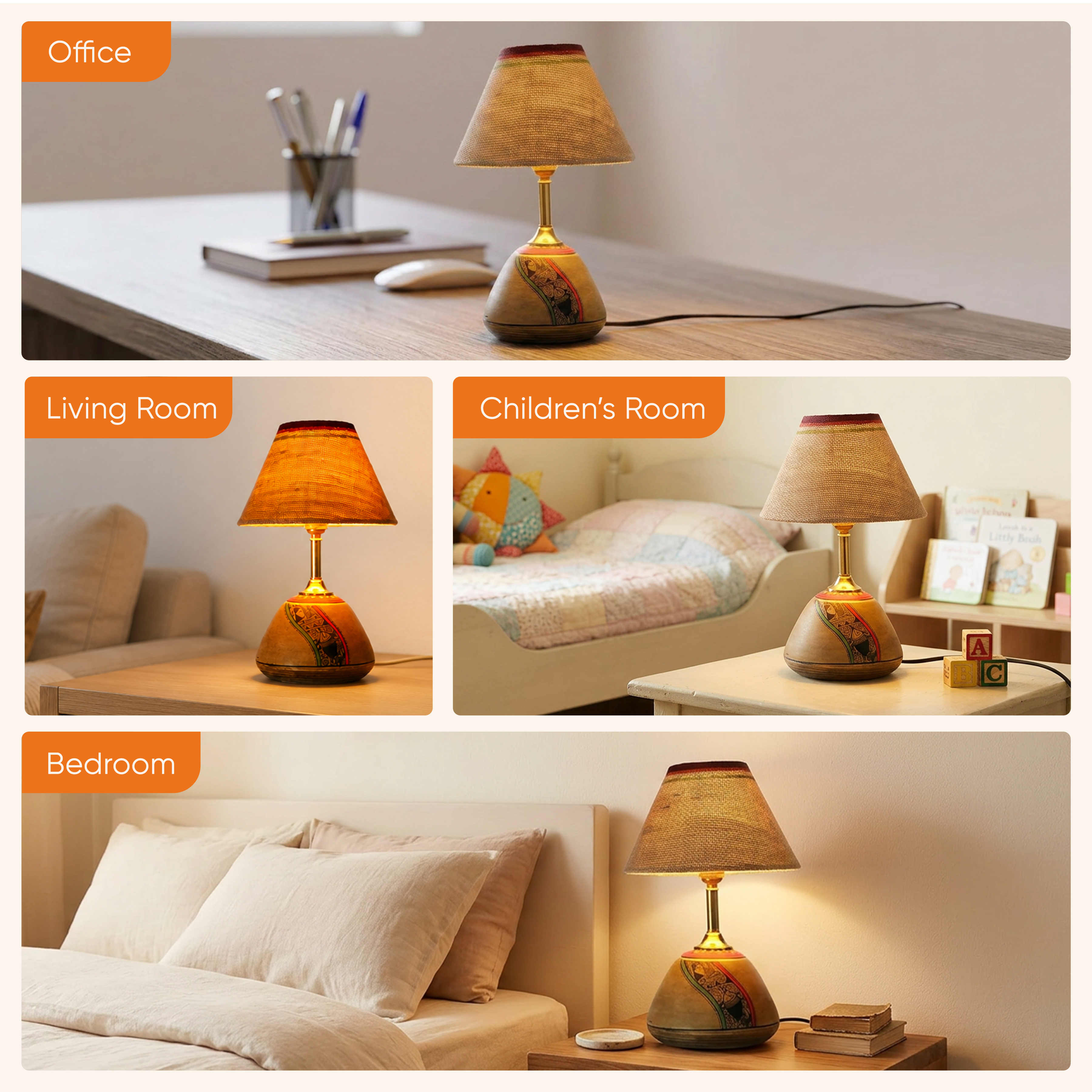 Table Lamp Beige Earthen Handcrafted with White Shade (12.6x6.1")