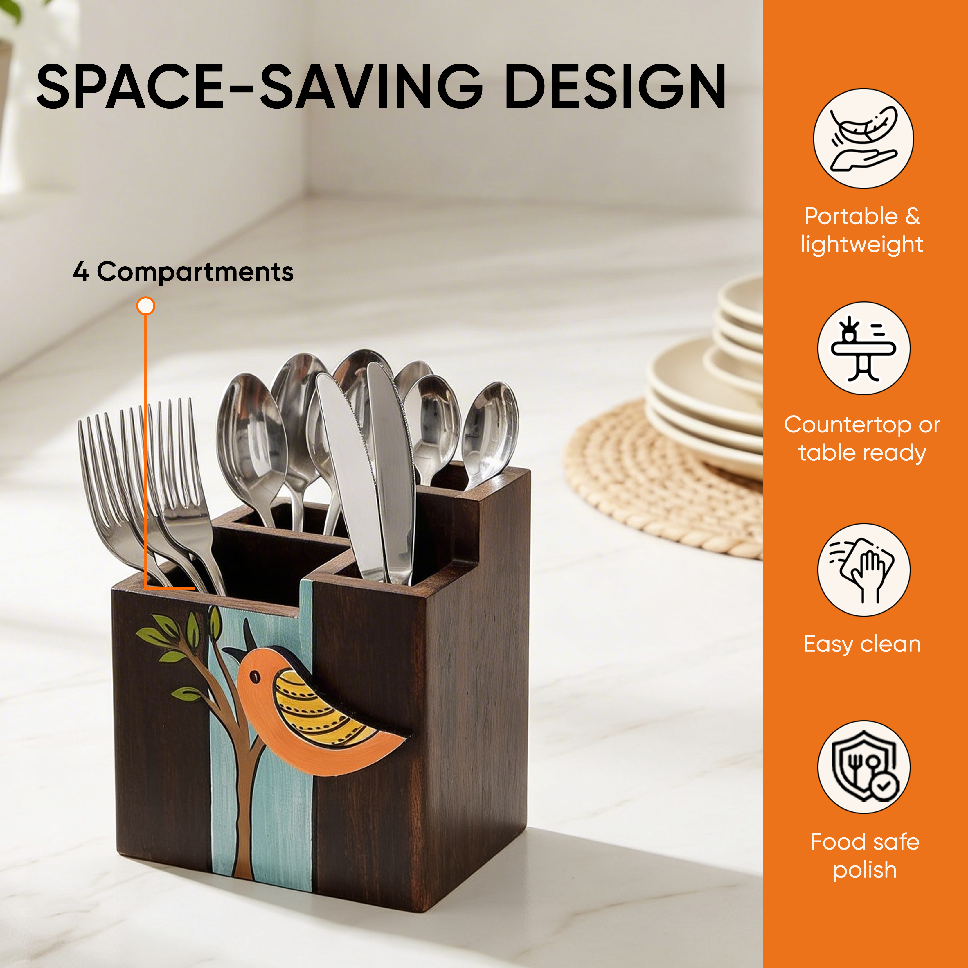 Robin Handcrafted Wooden Cutlery Holder, Elegant Organizer for Kitchen and Dining Table
