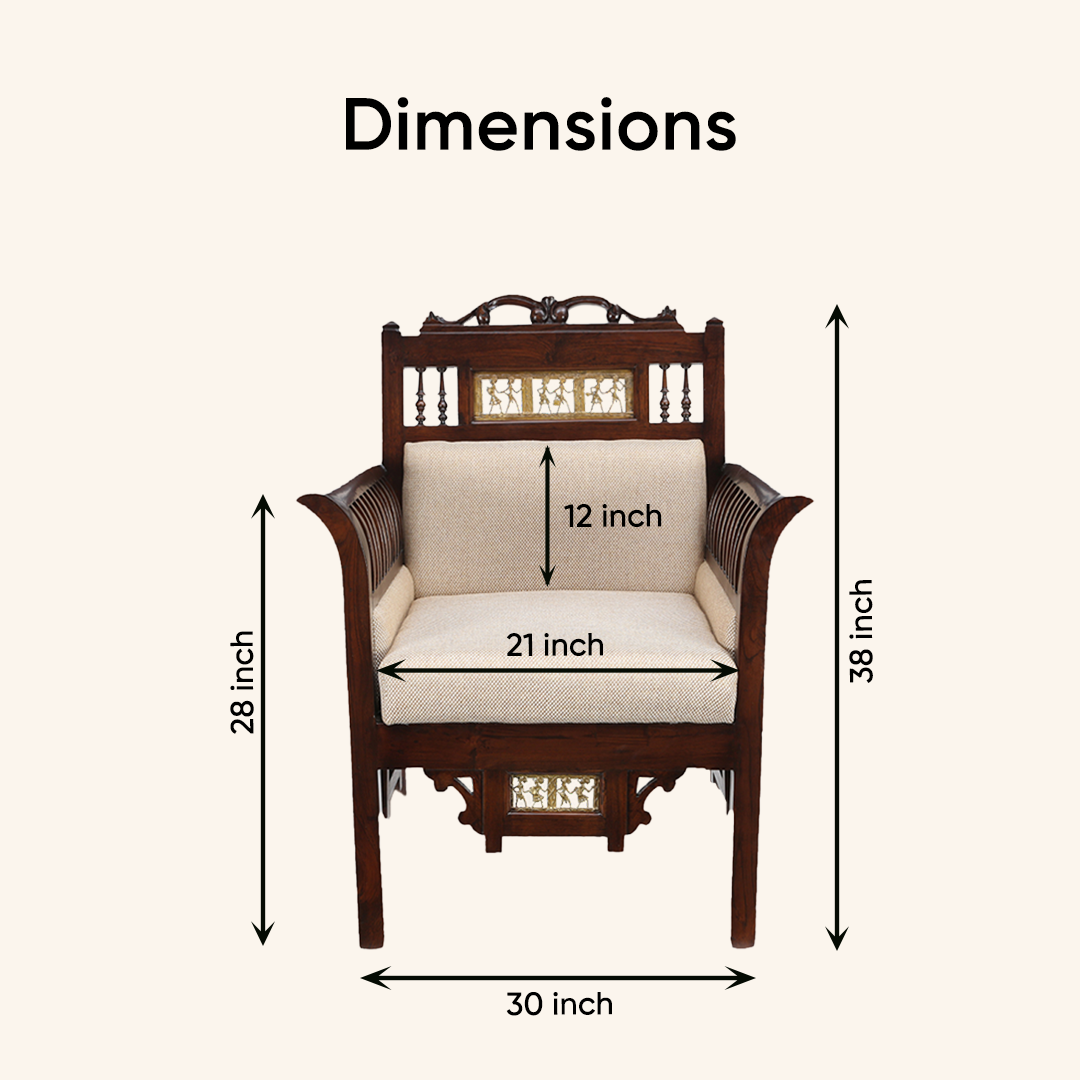 Maharaja Single Seater Sofa in Teakwood with Walnut Finish adorned with Dhokra Brass Frames (30x26x38)