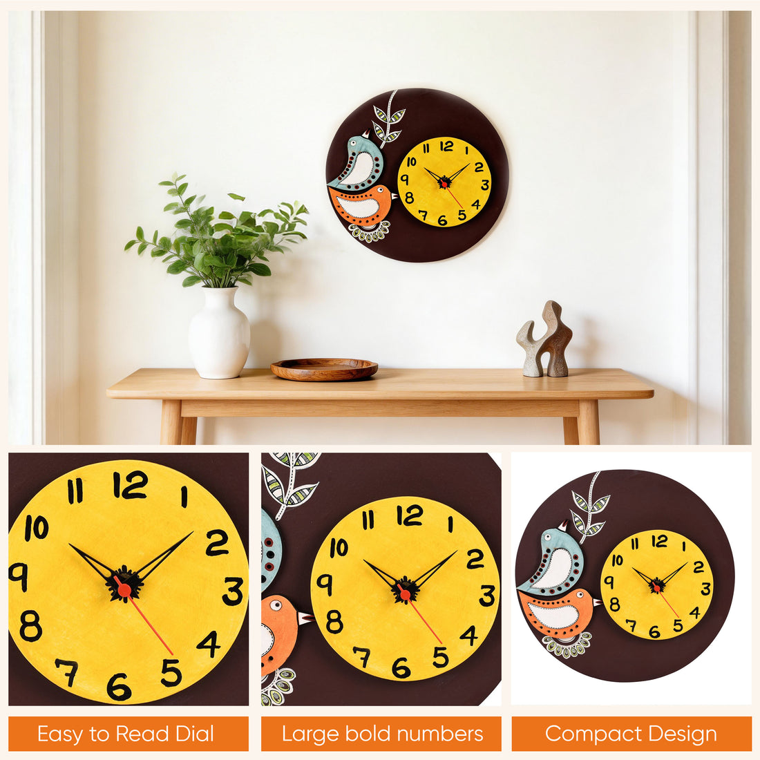 Desiree Wall Clock Handcrafted Wooden Tribal Art with Birds Motif (10x1.5x10)