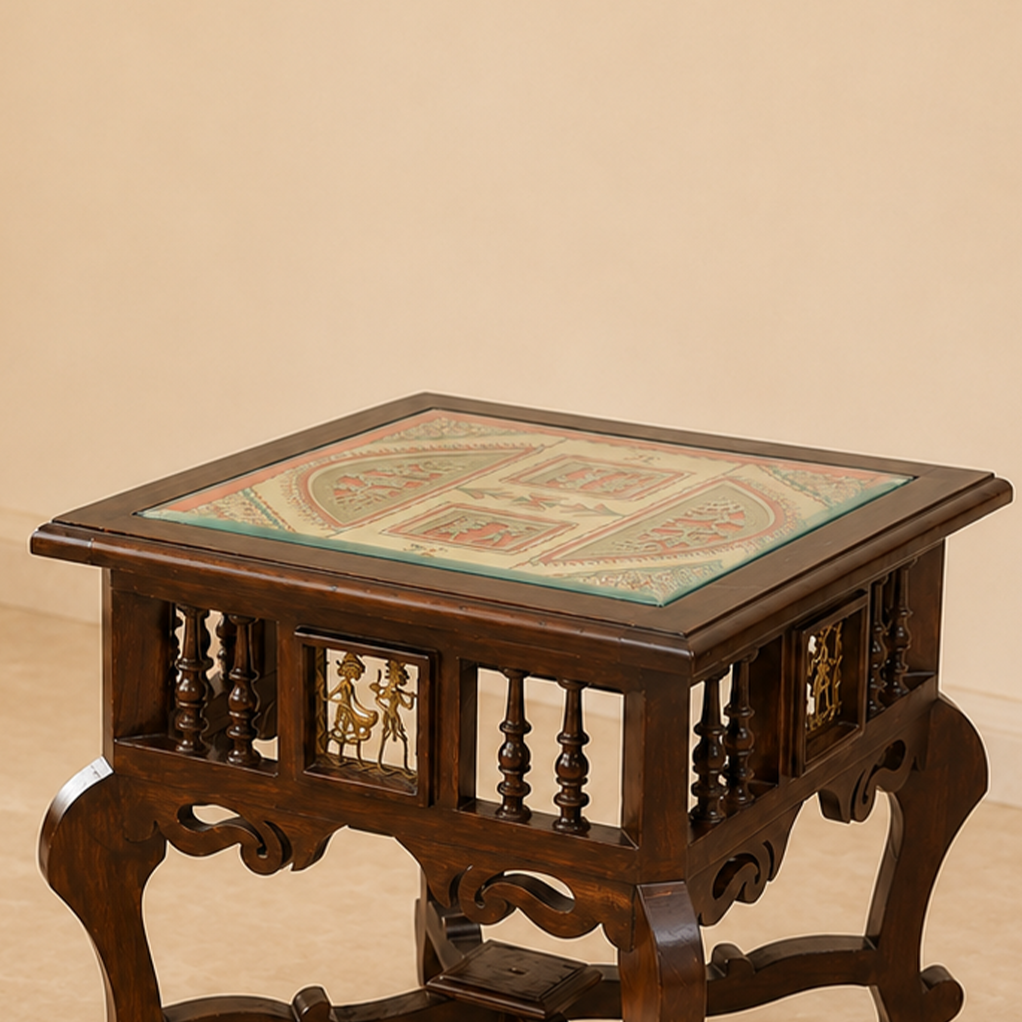 Munich-II Bedside Table with Oriental Legs in Teakwood with Walnut Finish (18x18x18)