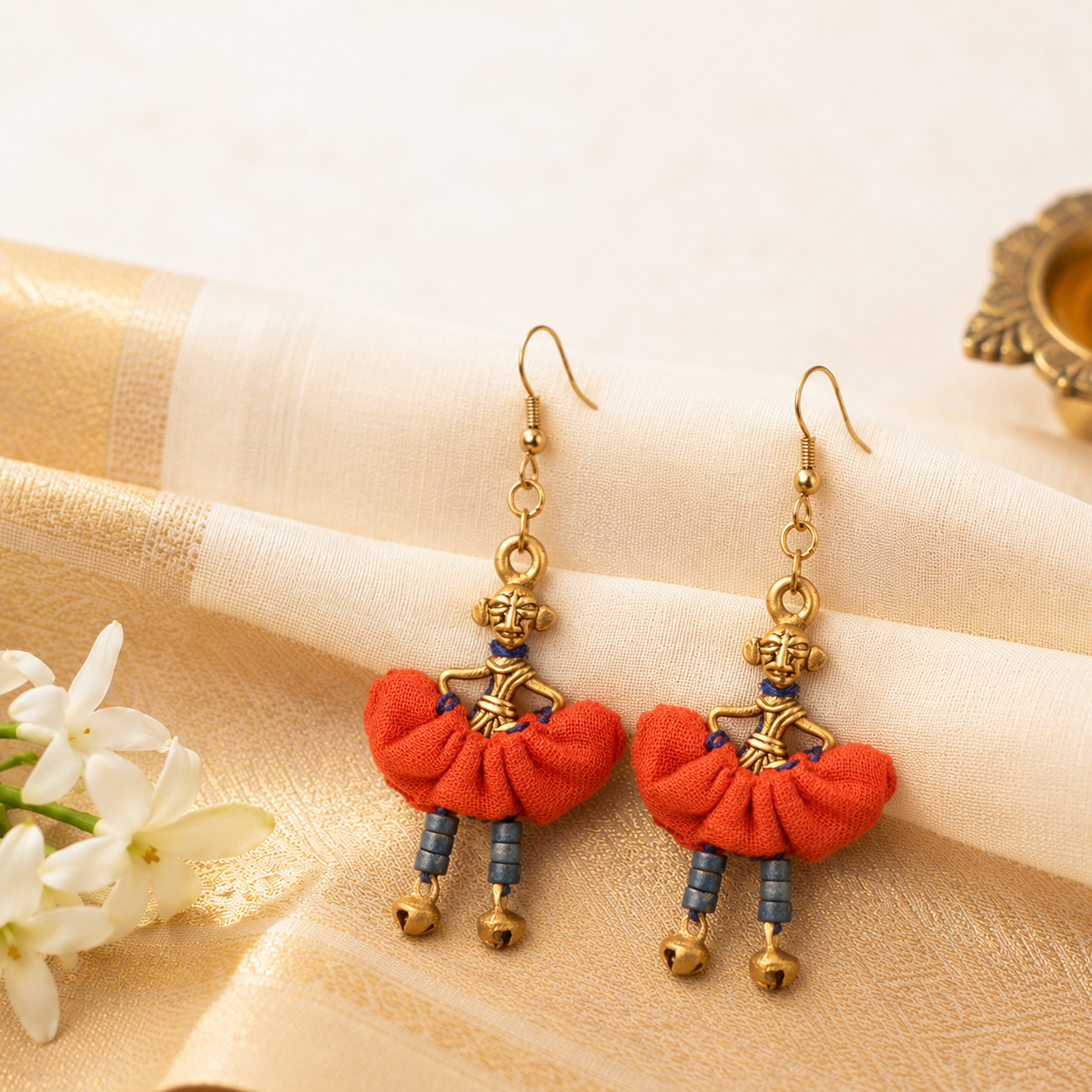 The Dancing Empress Handcrafted Tribal Dhokra Earrings in Garnet Red