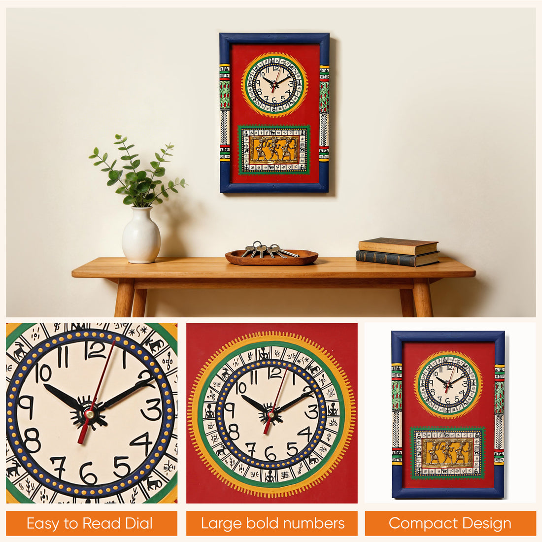 Wall Clock Handcrafted Warli/Dhokra Art Red Dial with Glass Frame (10x15)