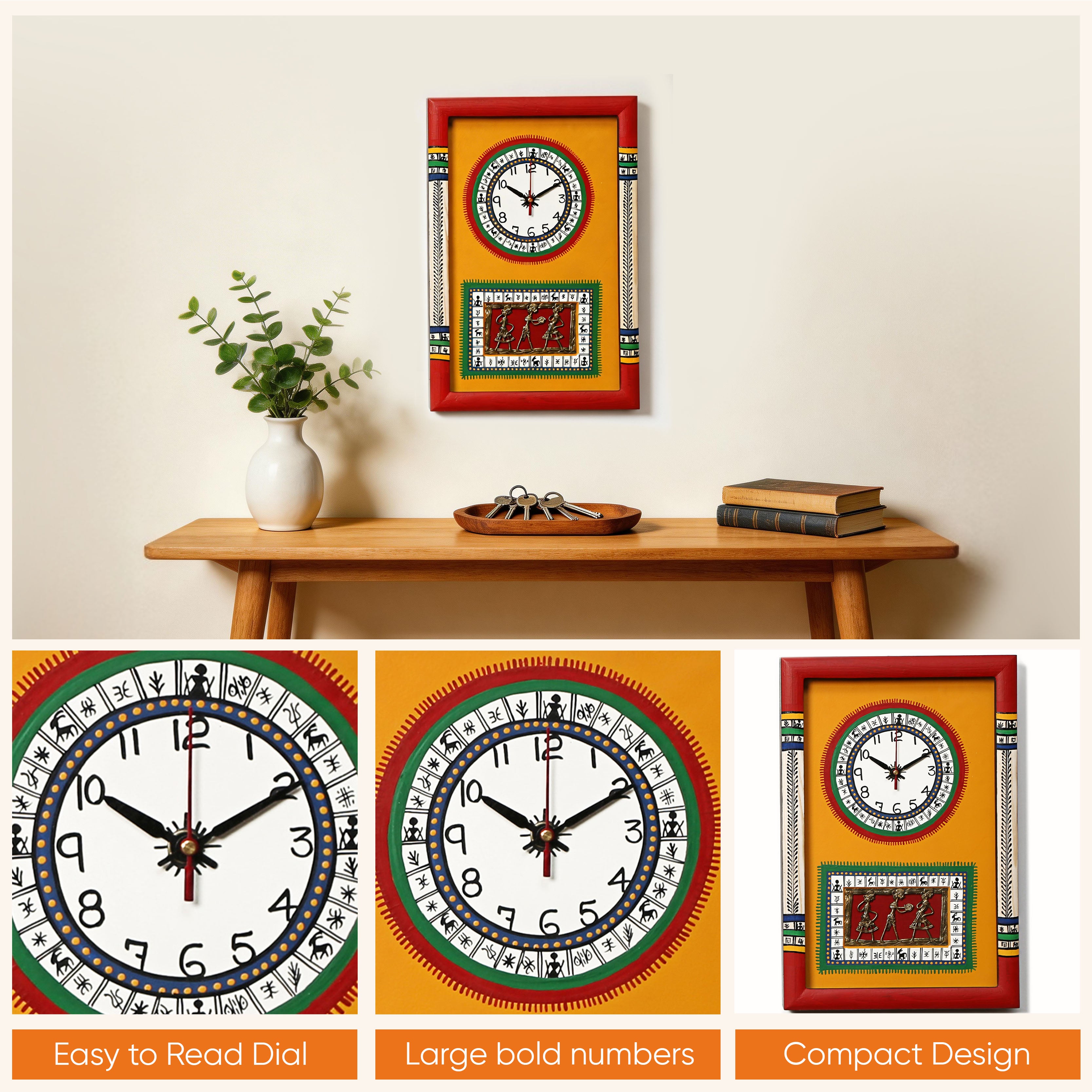 Wall Clock Handcrafted Warli/Dhokra Art Yellow Dial with Glass Frame (10x15)