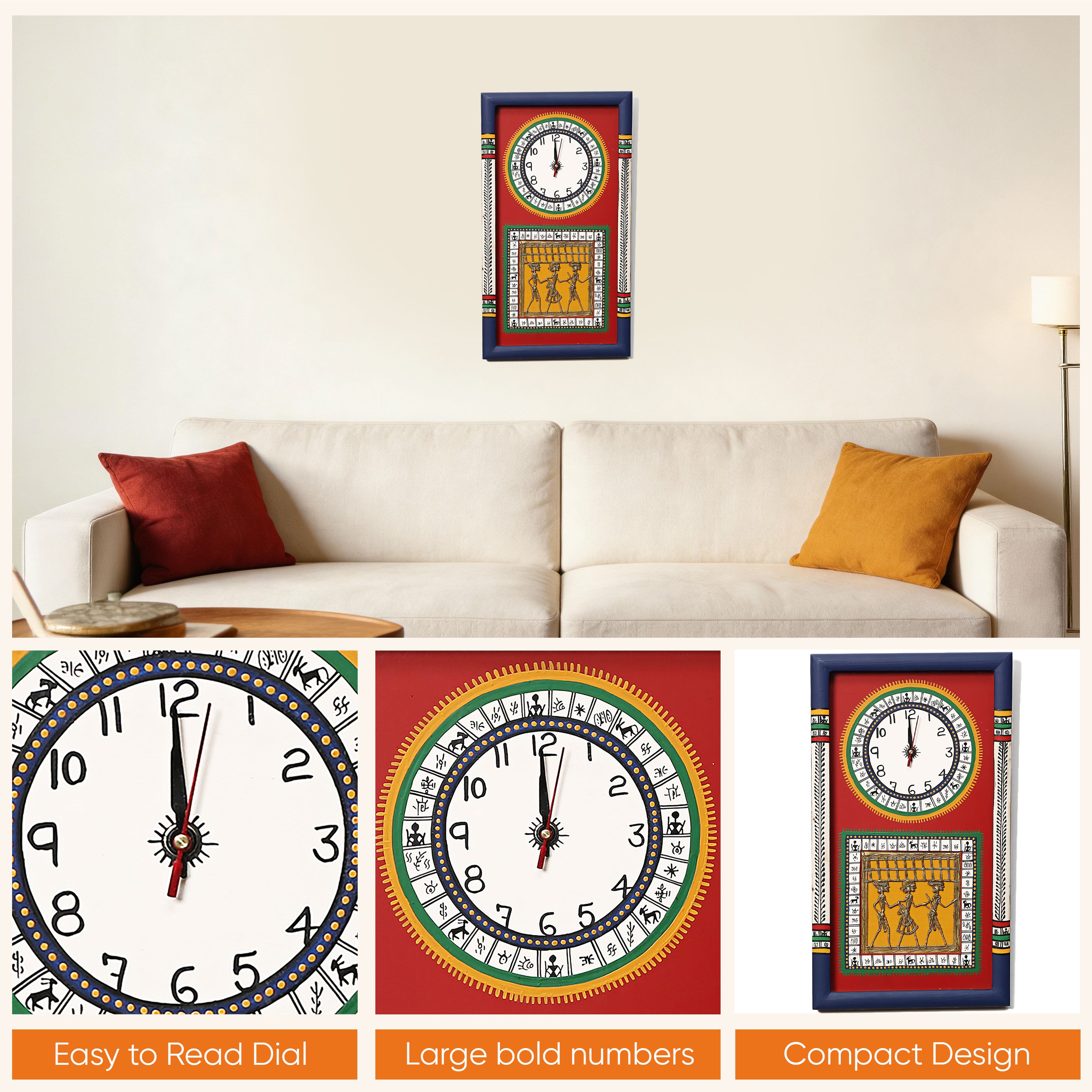 Desi Dhokra Wall Clock Warli Dial with Glass Frame (10x18)