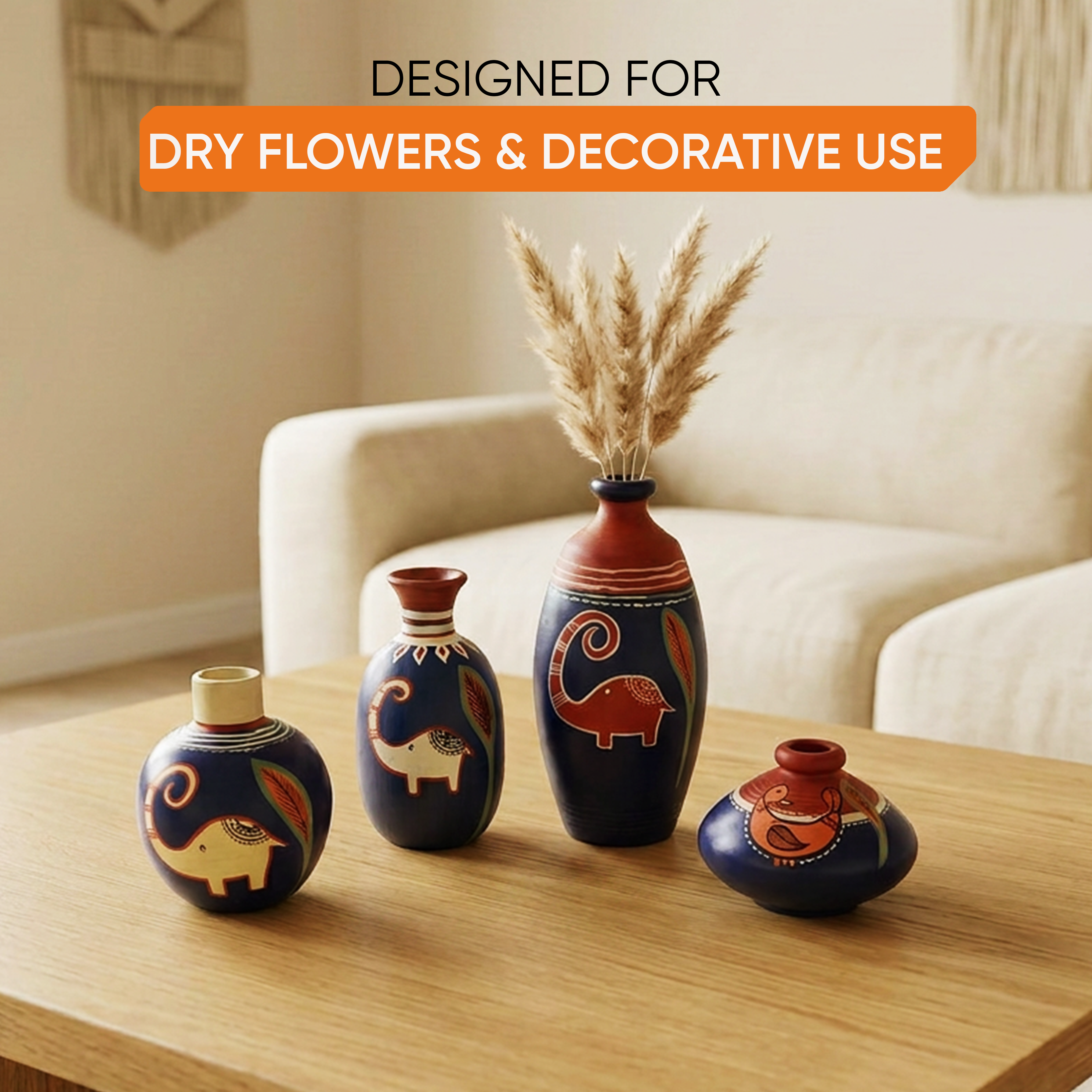 Happy Elephant Vases (So4) in Blue (5x2.5/4x3/2.5x2.5/6x3 HxDia)