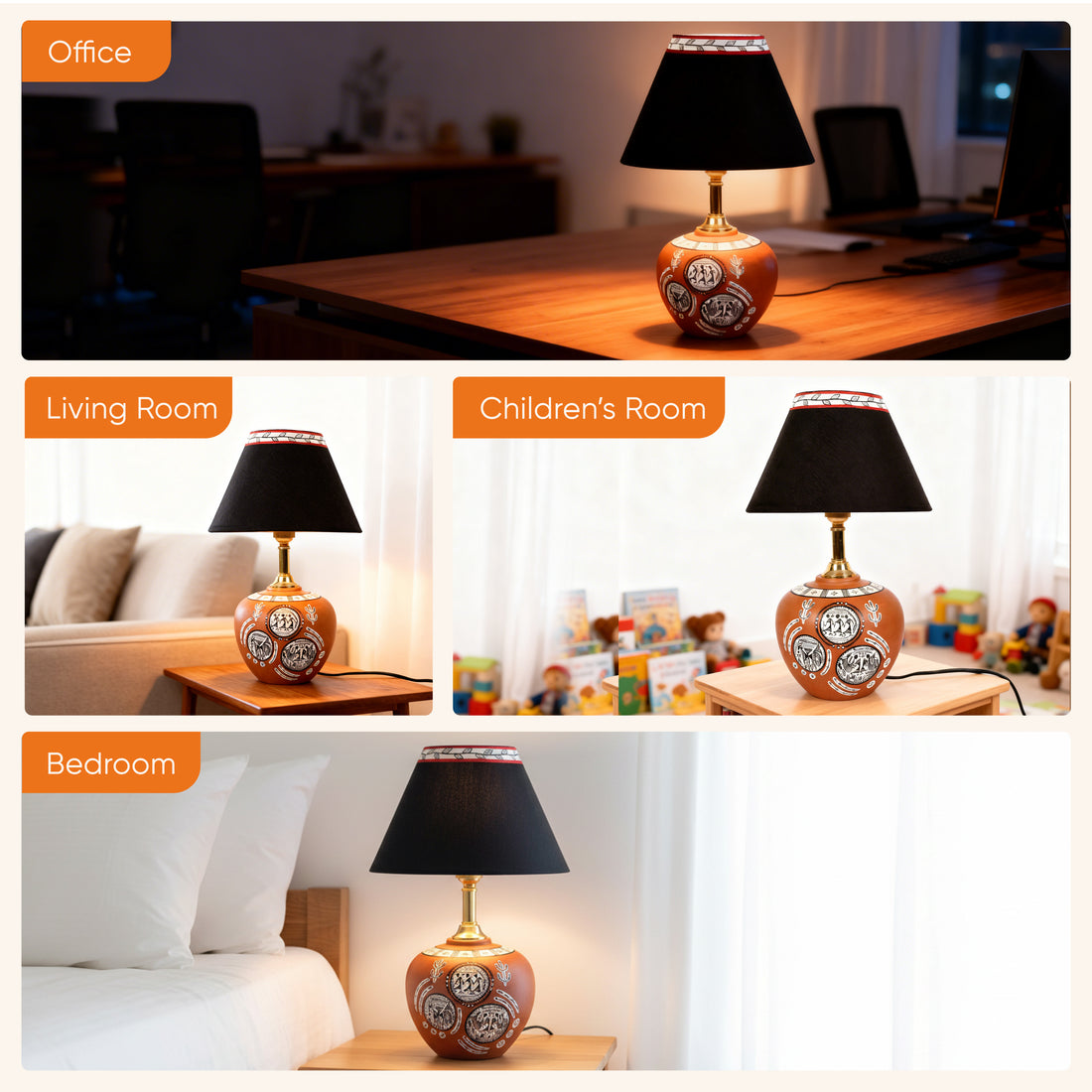 Table Lamp Terracotta Earthen Handcrafted with Black Shade (8.5x5")