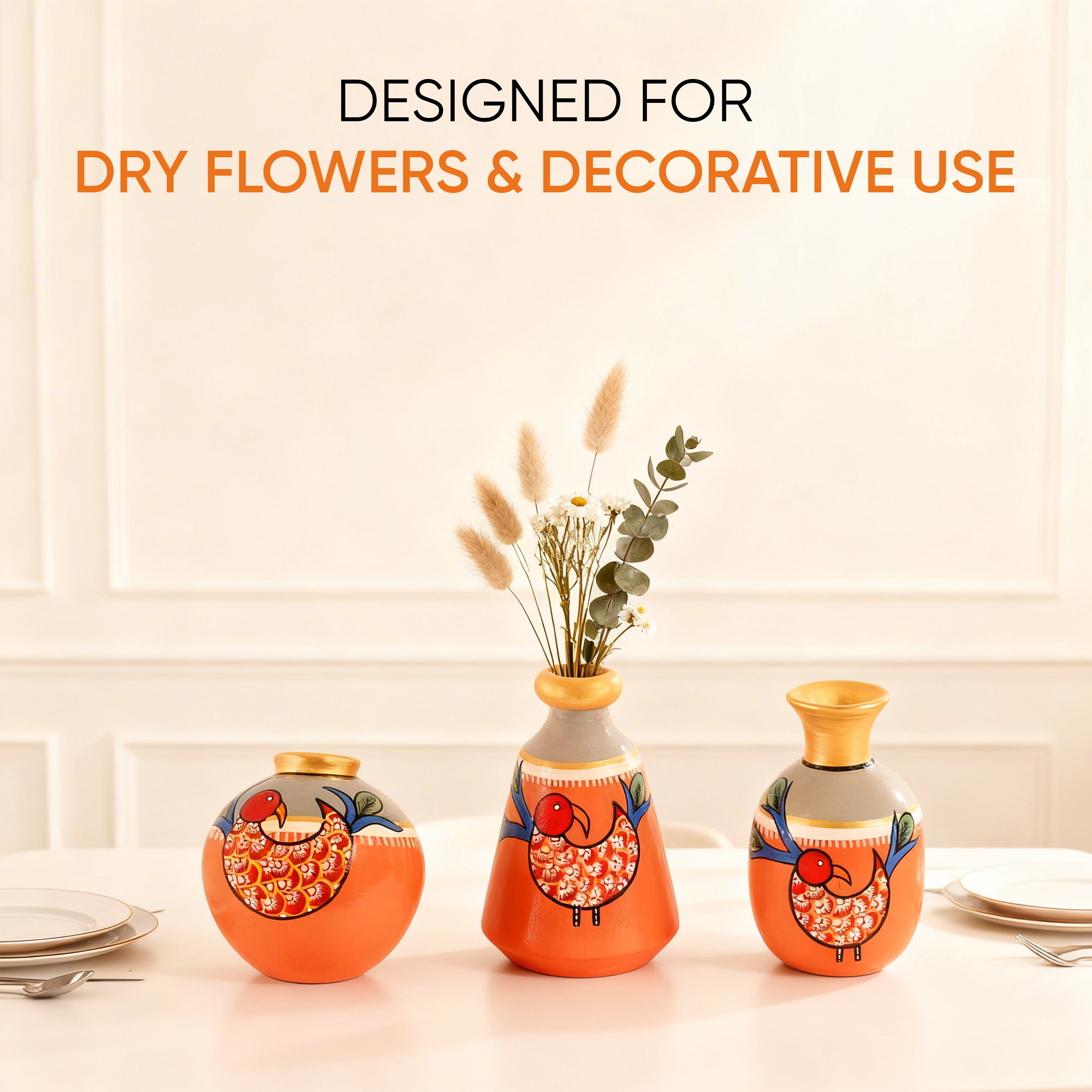 Peacock's Pride Terracotta Vase Set of 3
