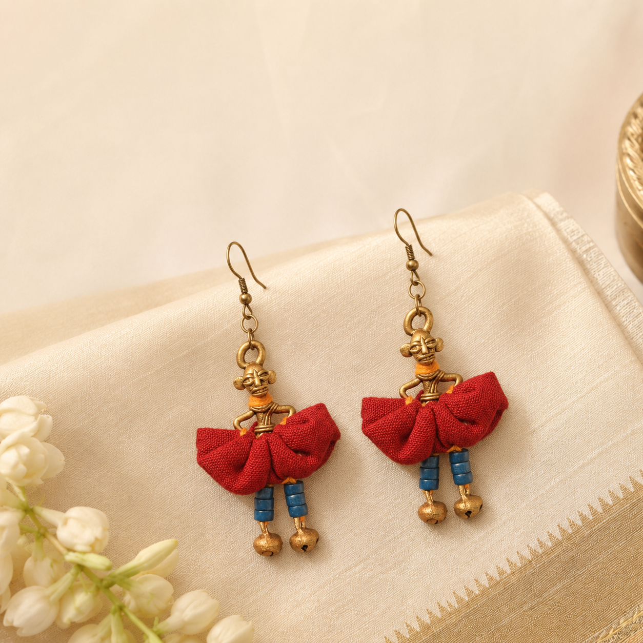 The Dancing Empress Handcrafted Tribal Dhokra Earrings in Sunset Orange