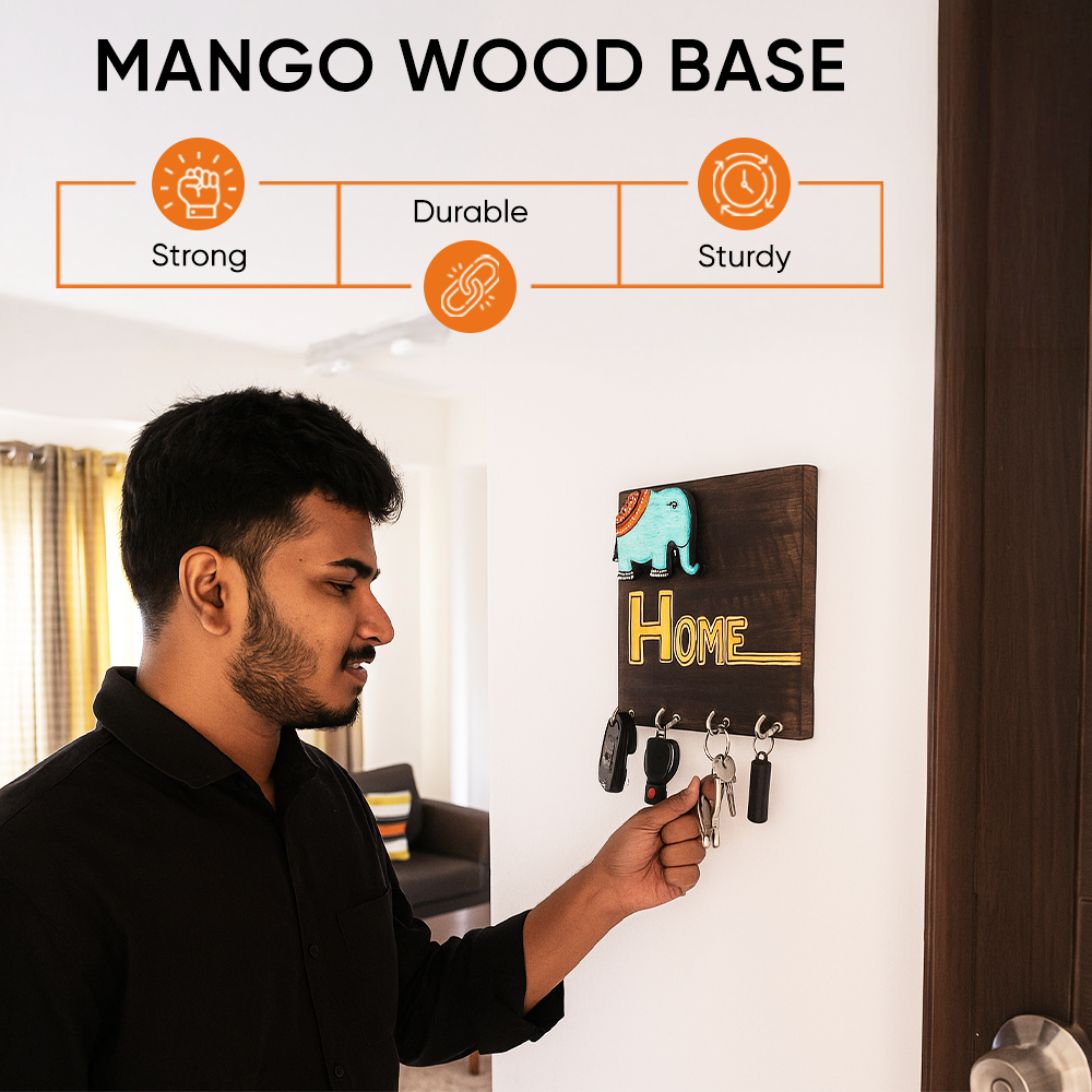 Hola Wooden Key Holder with Hand Painted Elephant and HOME Design, Wall Mounted Key Organizer for Homedecor