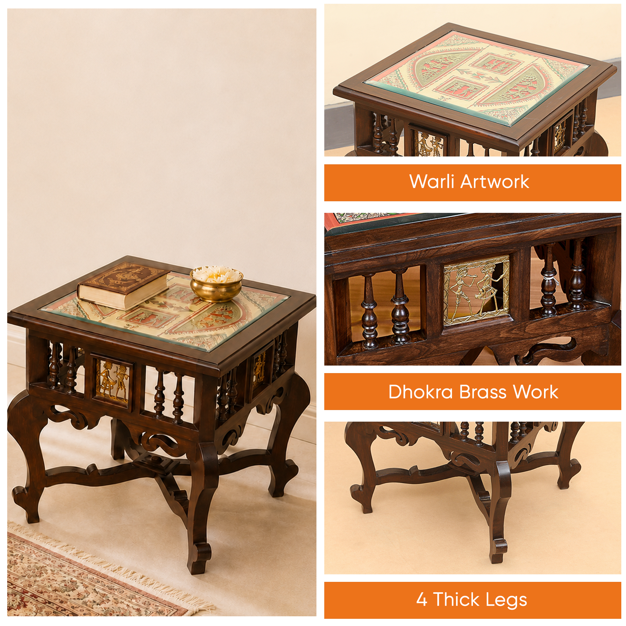 Munich-II Bedside Table with Oriental Legs in Teakwood with Walnut Finish (18x18x18)
