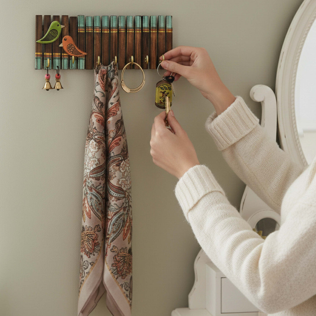 Key Holder Handcrafted Tribal Art Wooden Strips & birds 4 keys (12x1.4x5.4)