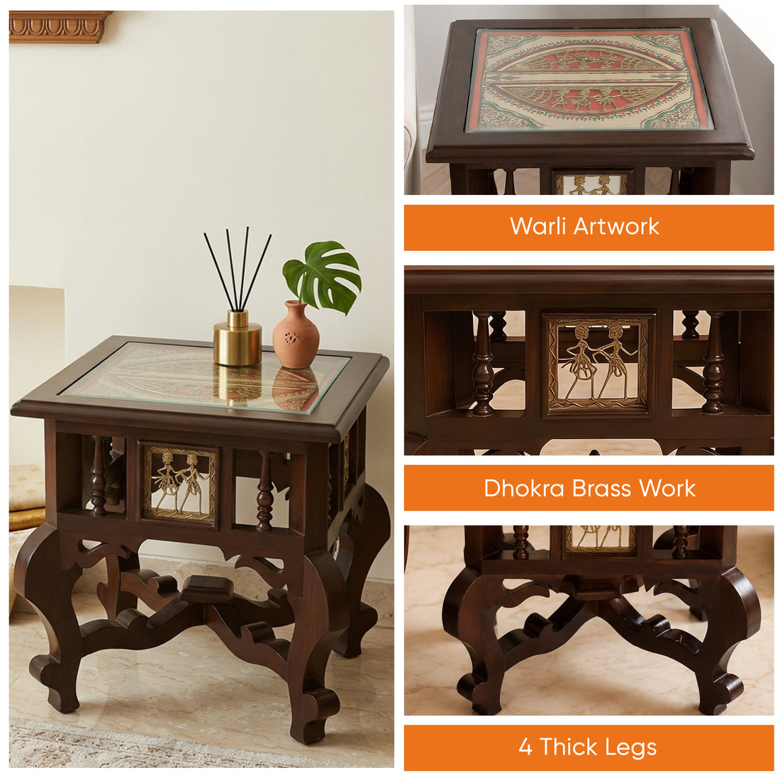 Munich Bedside Table with Oriental Legs in Teakwood with Walnut Finish (16x16x16)