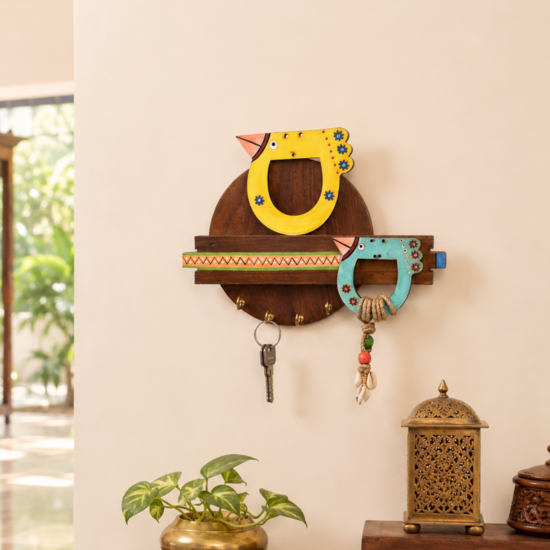 Key Holder Handcrafted Tribal Art Bird Theme 4 Keys (10x1.7x7.5)