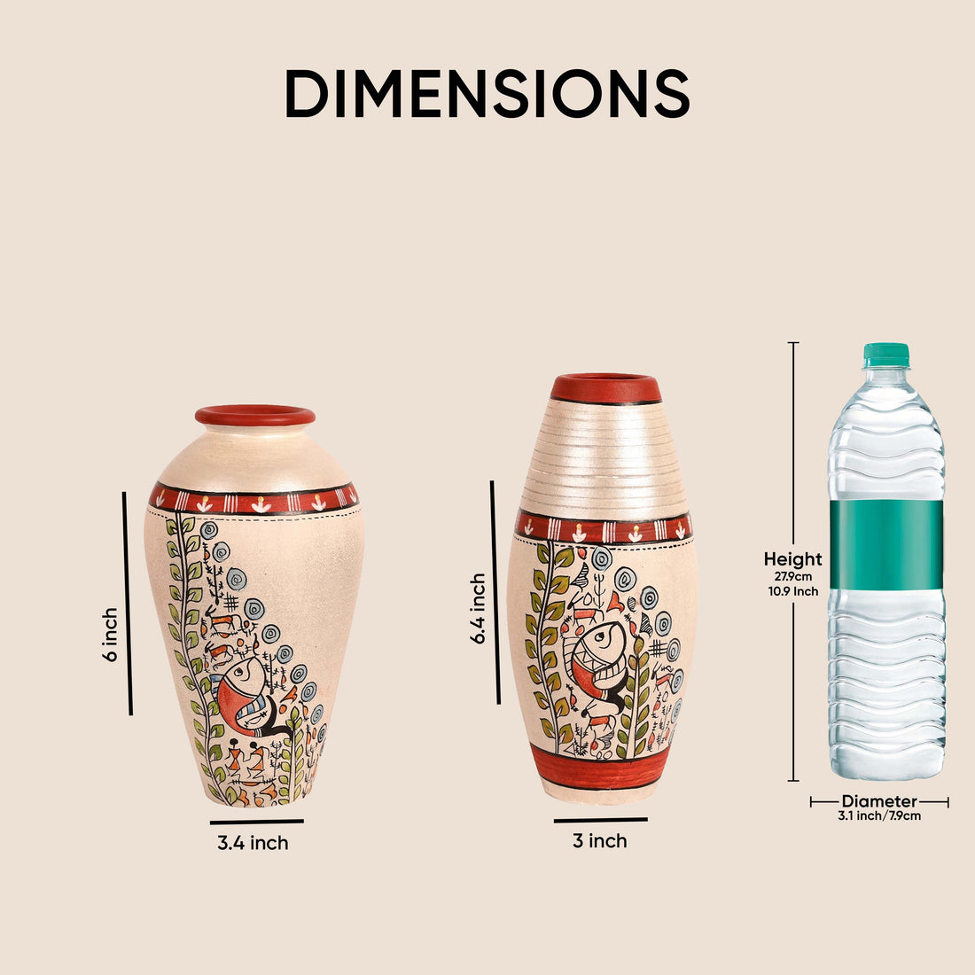 Vase Earthen White Madhubani (Set of 2) (6x3.4/6.4x3)