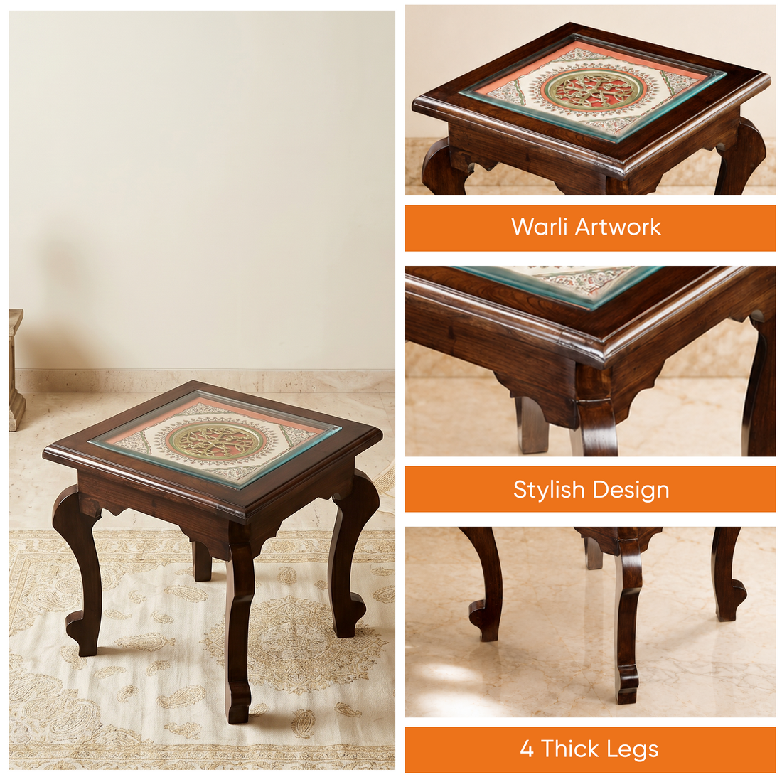 Munich-I Bedside Table with Oriental Legs in Teakwood with Walnut Matte Finish (16x16x16)
