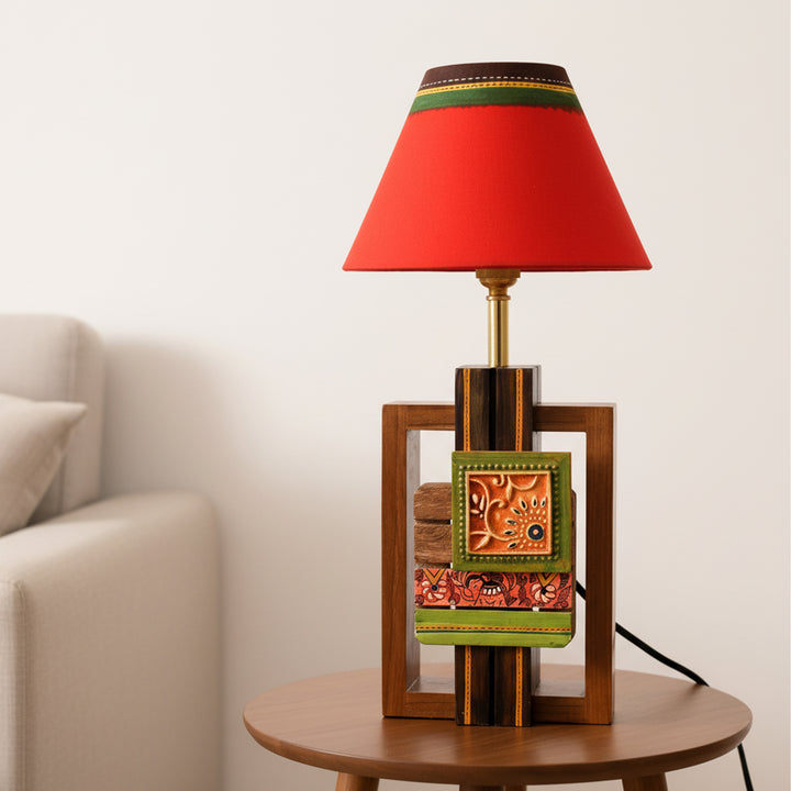 Table Lamp Handcrafted in Wood with Tribal Motifs & White Shade (6x4x12.5")