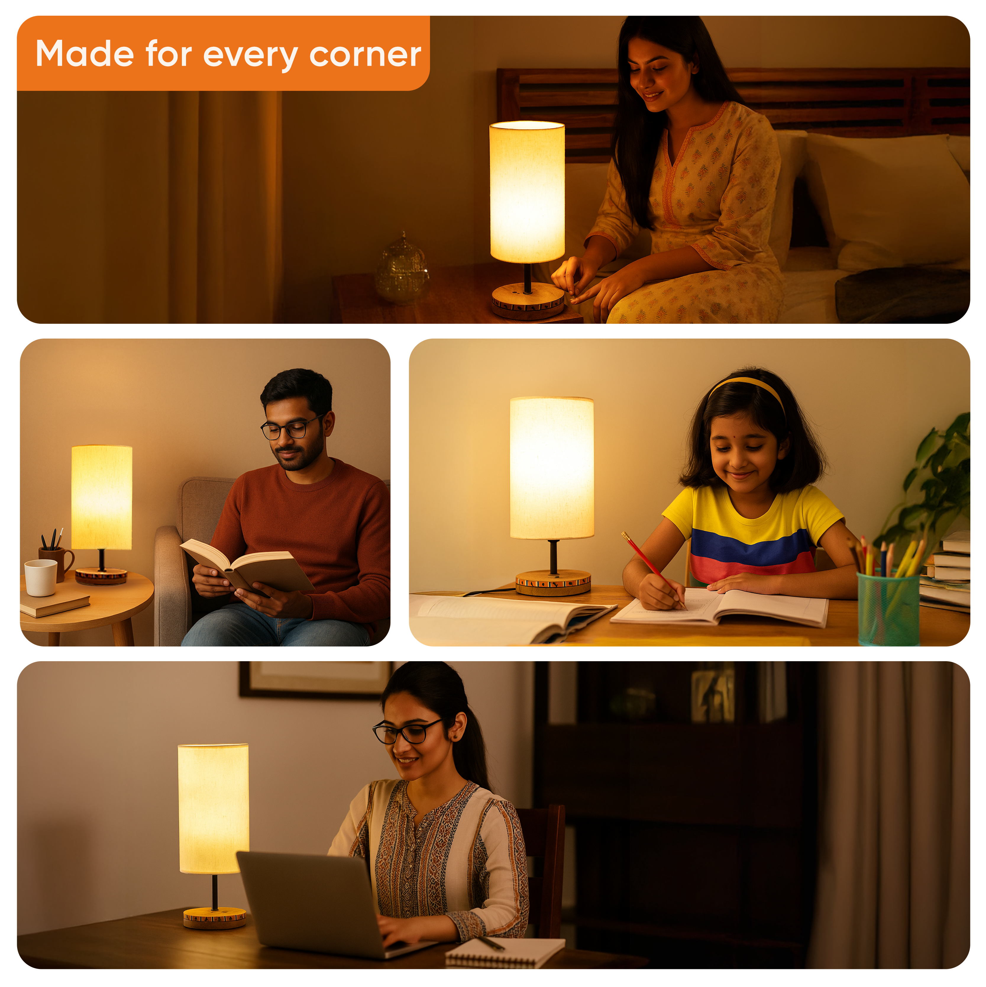 Handcrafted Wooden Table Lamp with Fabric Shade, Modern Bedside and Living Room Lighting