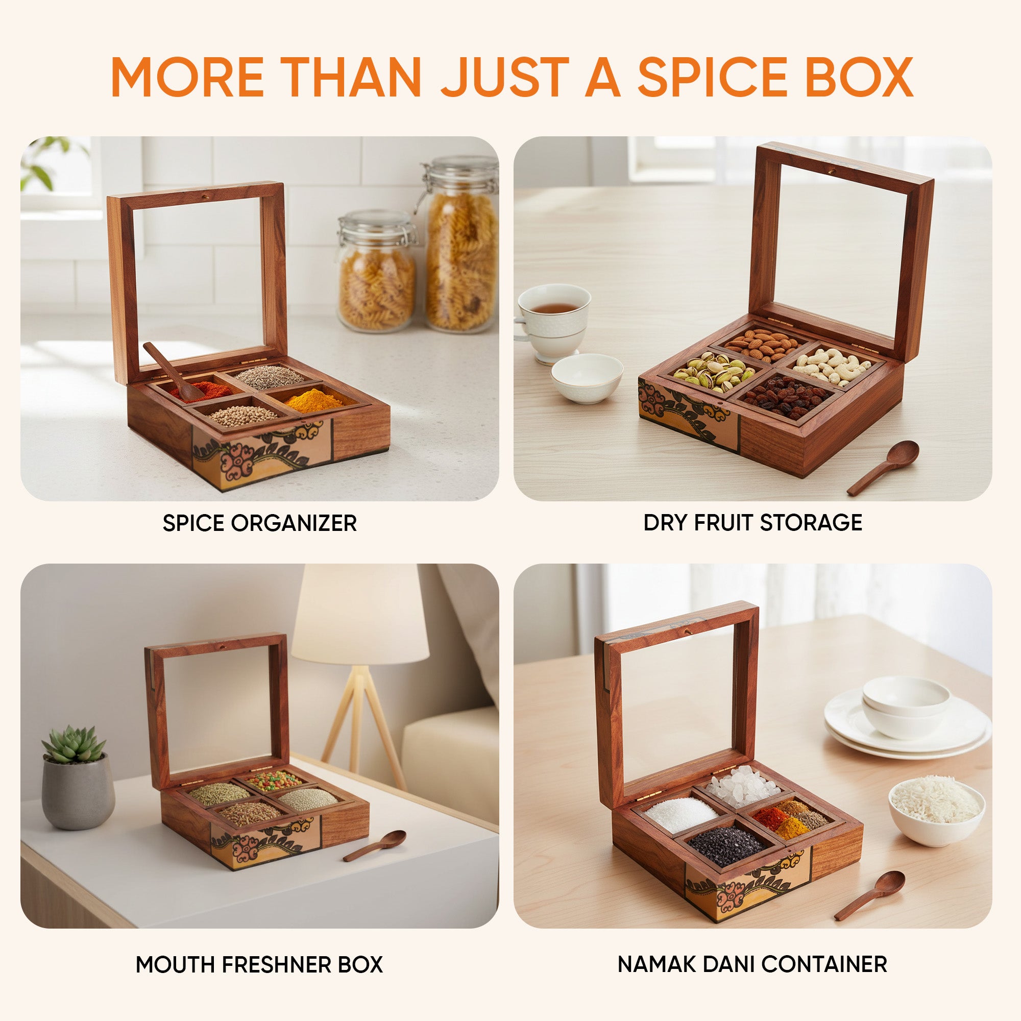 Spice Box Handcrafted Tribal Art 4 Slot Wooden with Spoon (6x6x2)