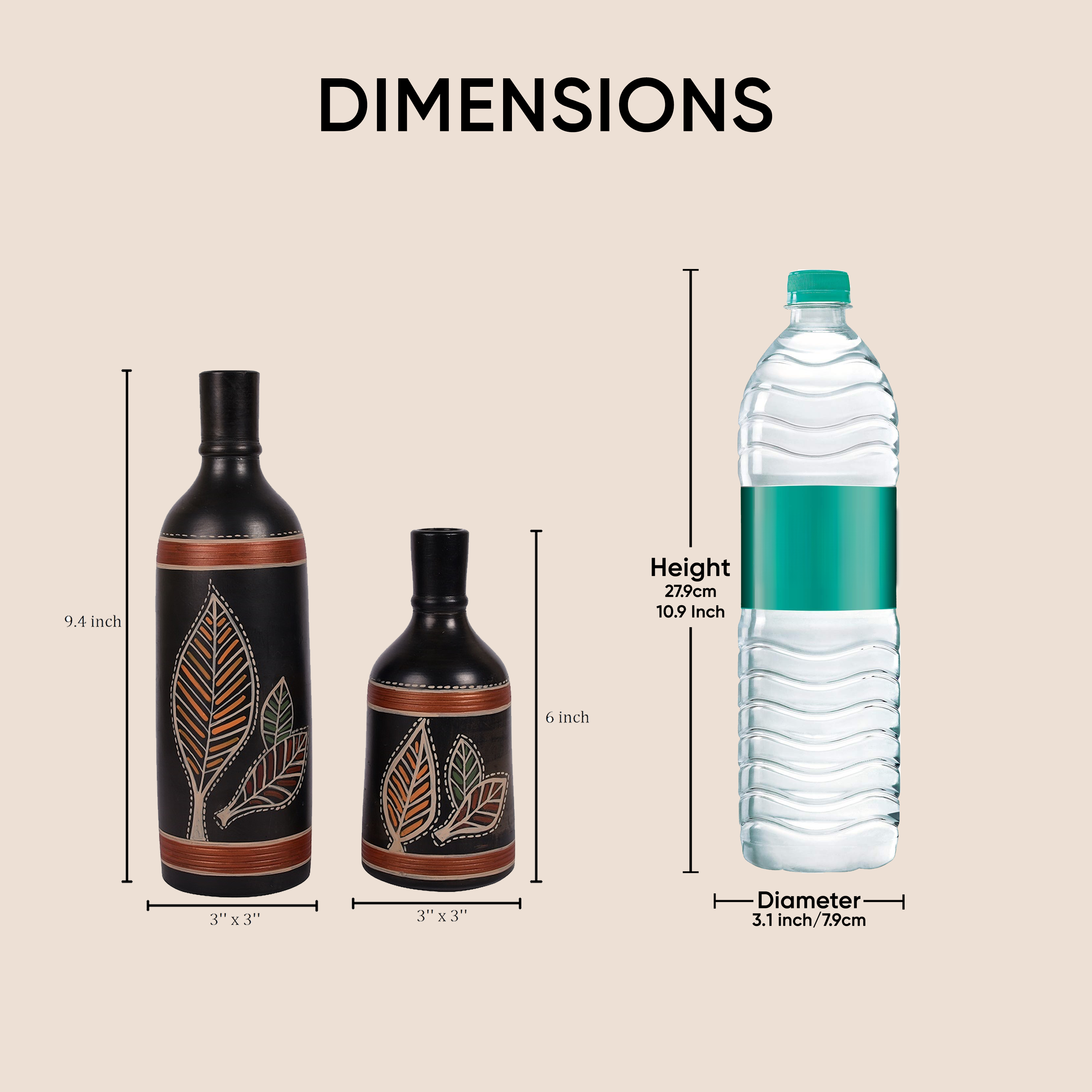 Vase Earthen Black Bottle Madhubani (Set of 2) (9.4x3/6x3)