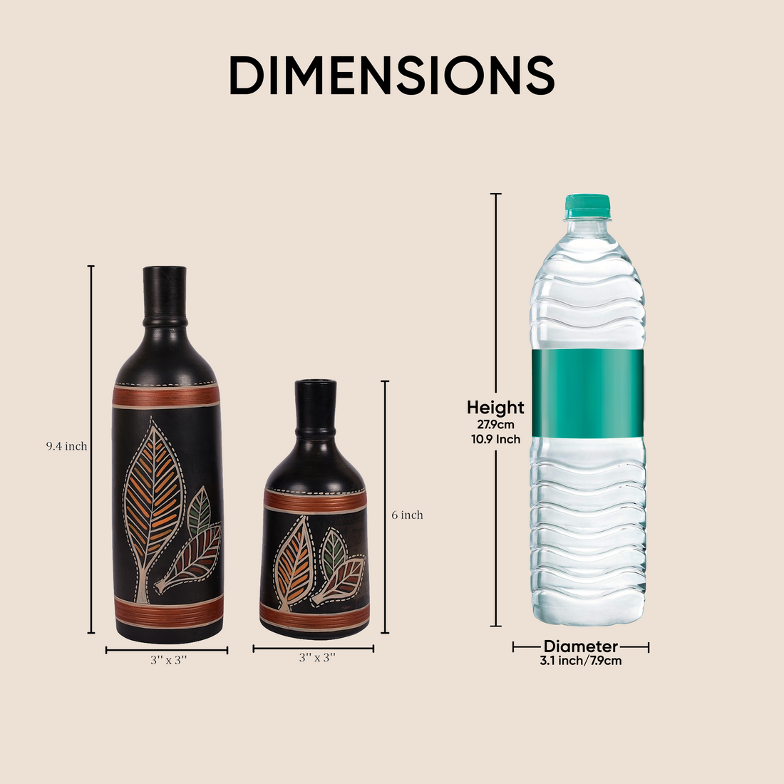 Vase Earthen Black Bottle Madhubani (Set of 2) (9.4x3/6x3)