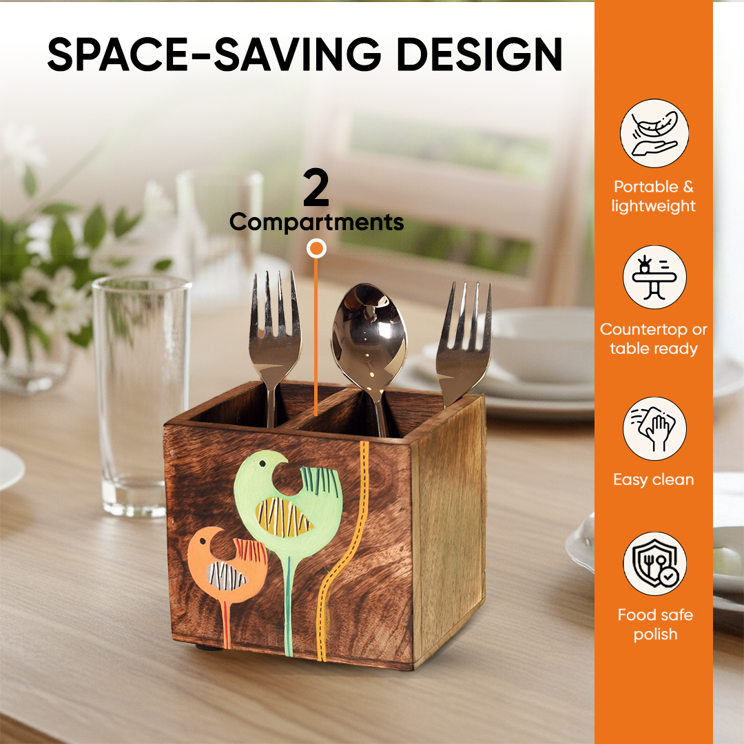 Luna & Leo Hand Painted Wooden Cutlery Holder, Stylish Organizer for Dining Table and Kitchen